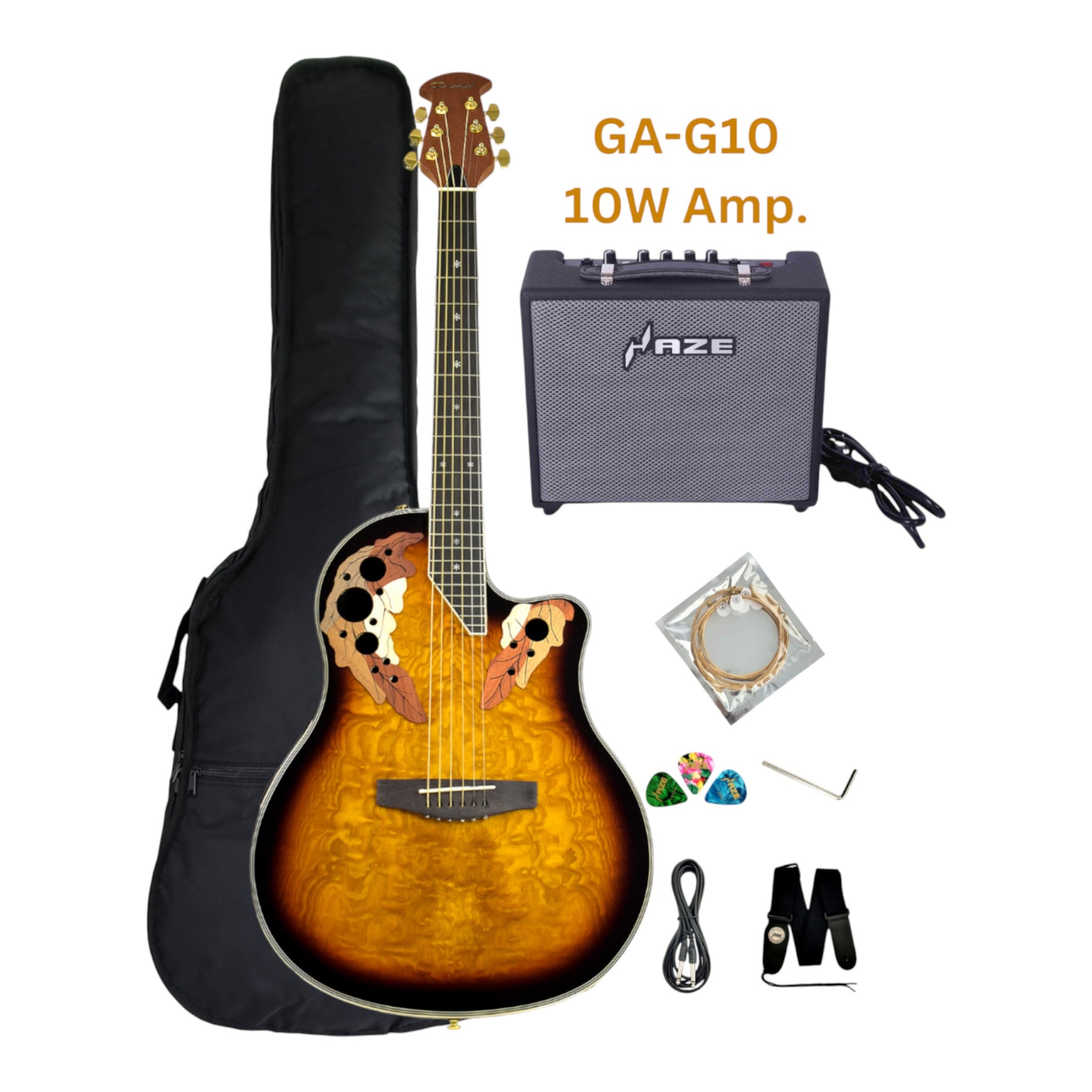 Caraya SP723CEQBS Roundback Built-In Pickups Fibre Glass Back Acoustic Guitar - Sunburst with Accessories and 10W Amp. (Optional)