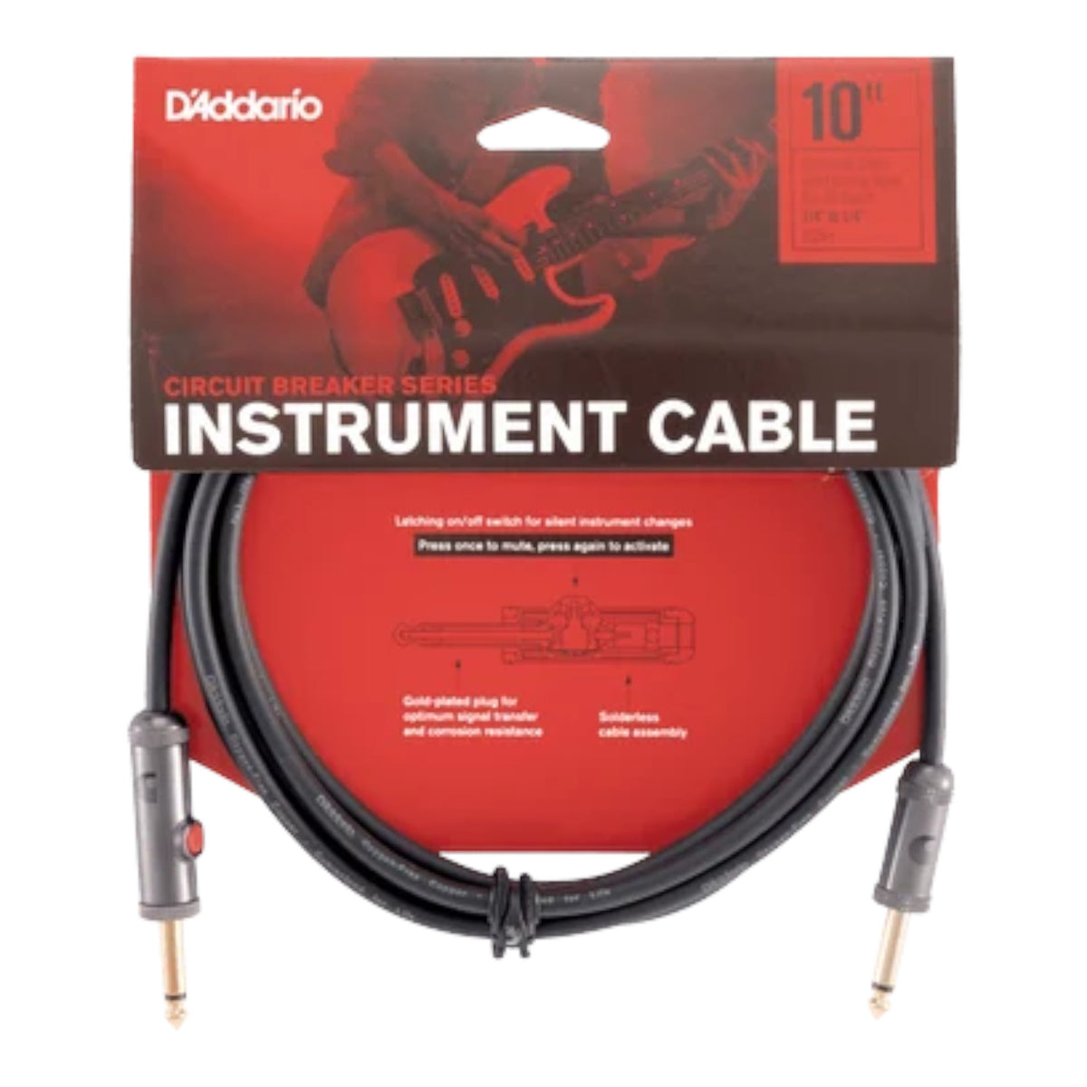 D'Addario Circuit Breaker Series 1/4" Jack, Latching Instrument Cable - Straight-Straight