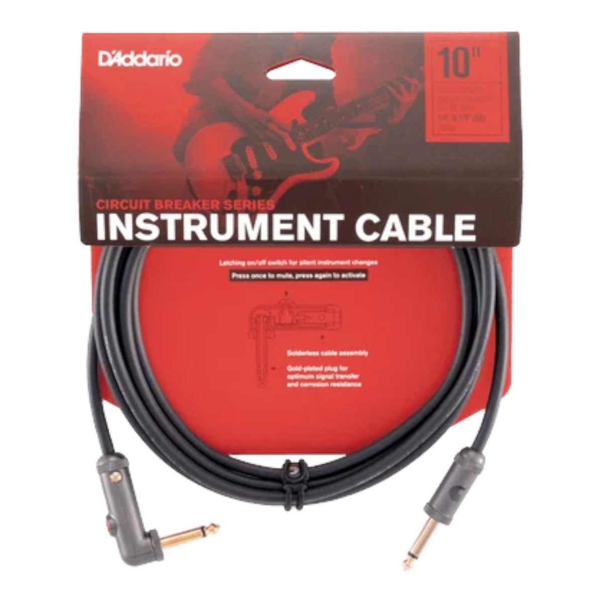 D'Addario Circuit Breaker Series 1/4" Jack, Latching Instrument Cable - Right Angle-Straight