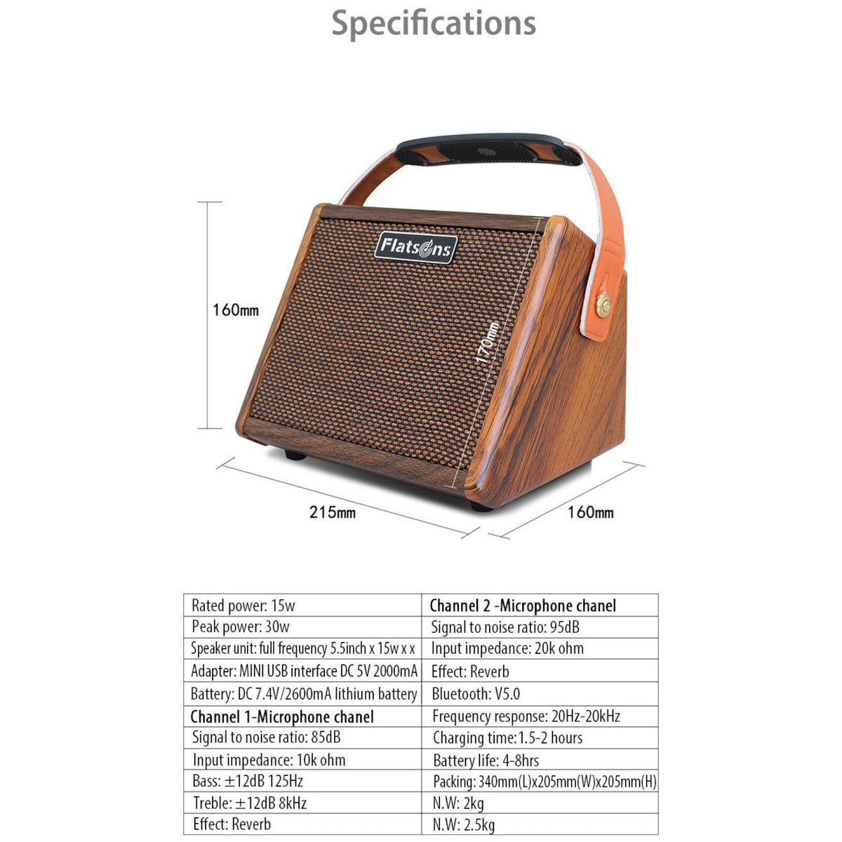 (PREORDER: MID OCT 2026) Flatsons CRUSH15 15W Portable Rechargable Acoustic Guitar Amplifier with Bluetooth & Microphone Input