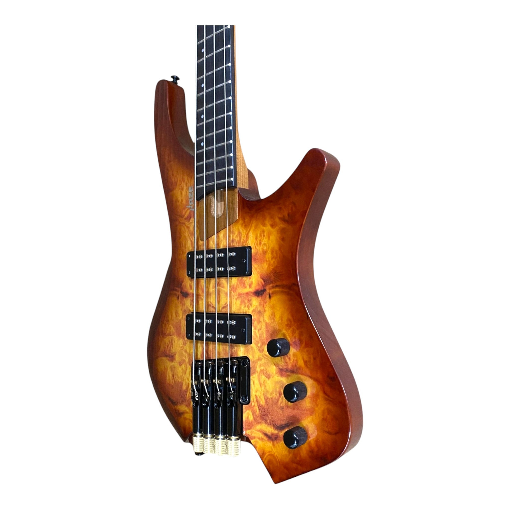 Haze B4H Timberline Series Headless Electric Bass – Roasted Maple Neck, Natural Brown Veneer, & Passive BJ-80 Pickups