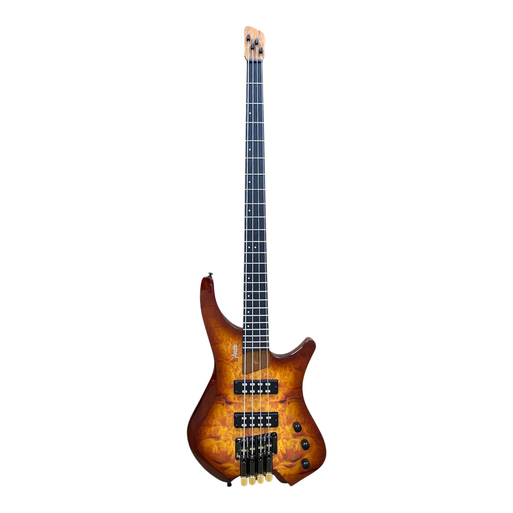 Haze B4H Timberline Series Headless Electric Bass – Roasted Maple Neck, Natural Brown Veneer, & Passive BJ-80 Pickups