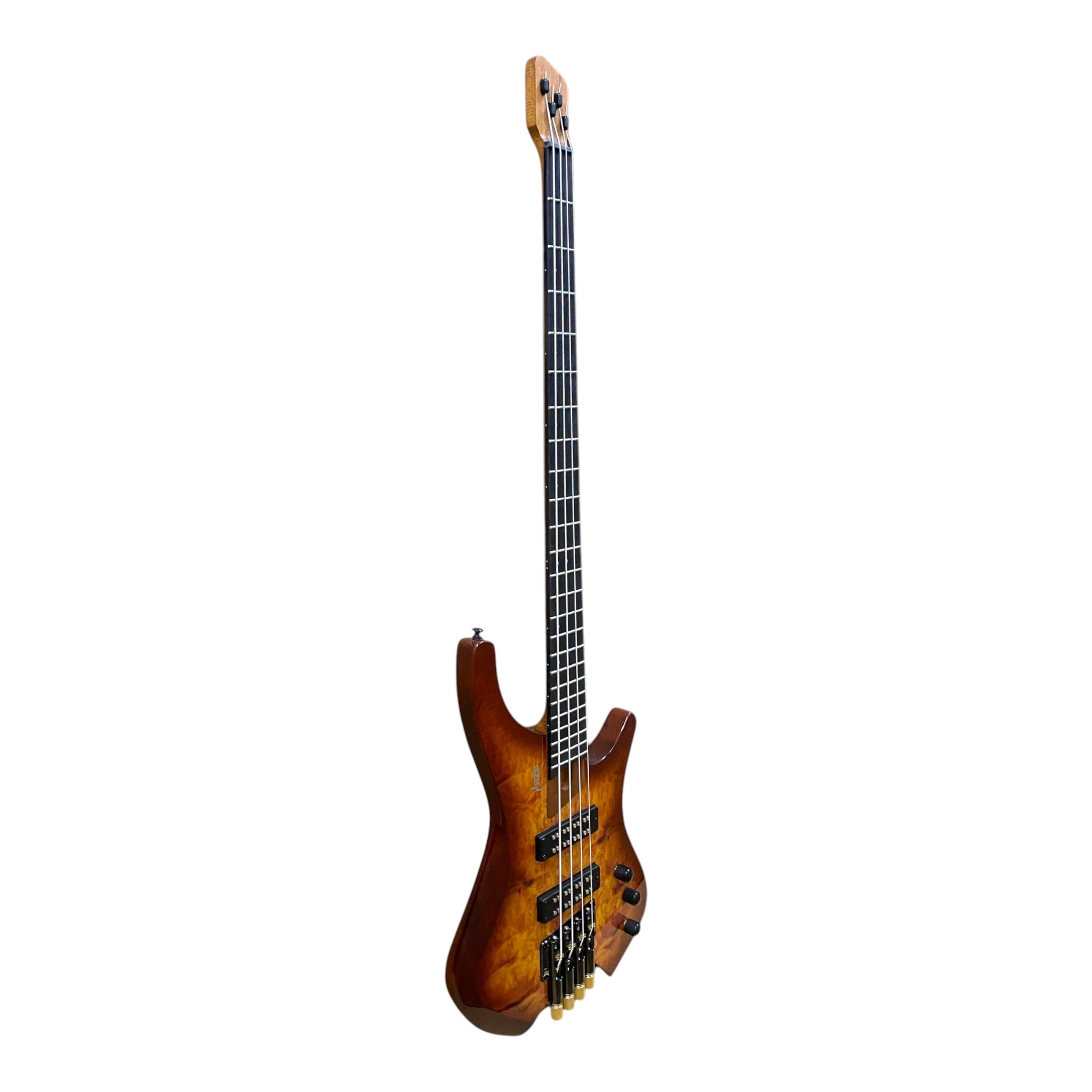 Haze B4H Timberline Series Headless Electric Bass – Roasted Maple Neck, Natural Brown Veneer, & Passive BJ-80 Pickups
