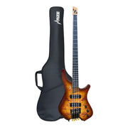 Haze B4H Timberline Series Headless Electric Bass – Roasted Maple Neck, Natural Brown Veneer, & Passive BJ-80 Pickups