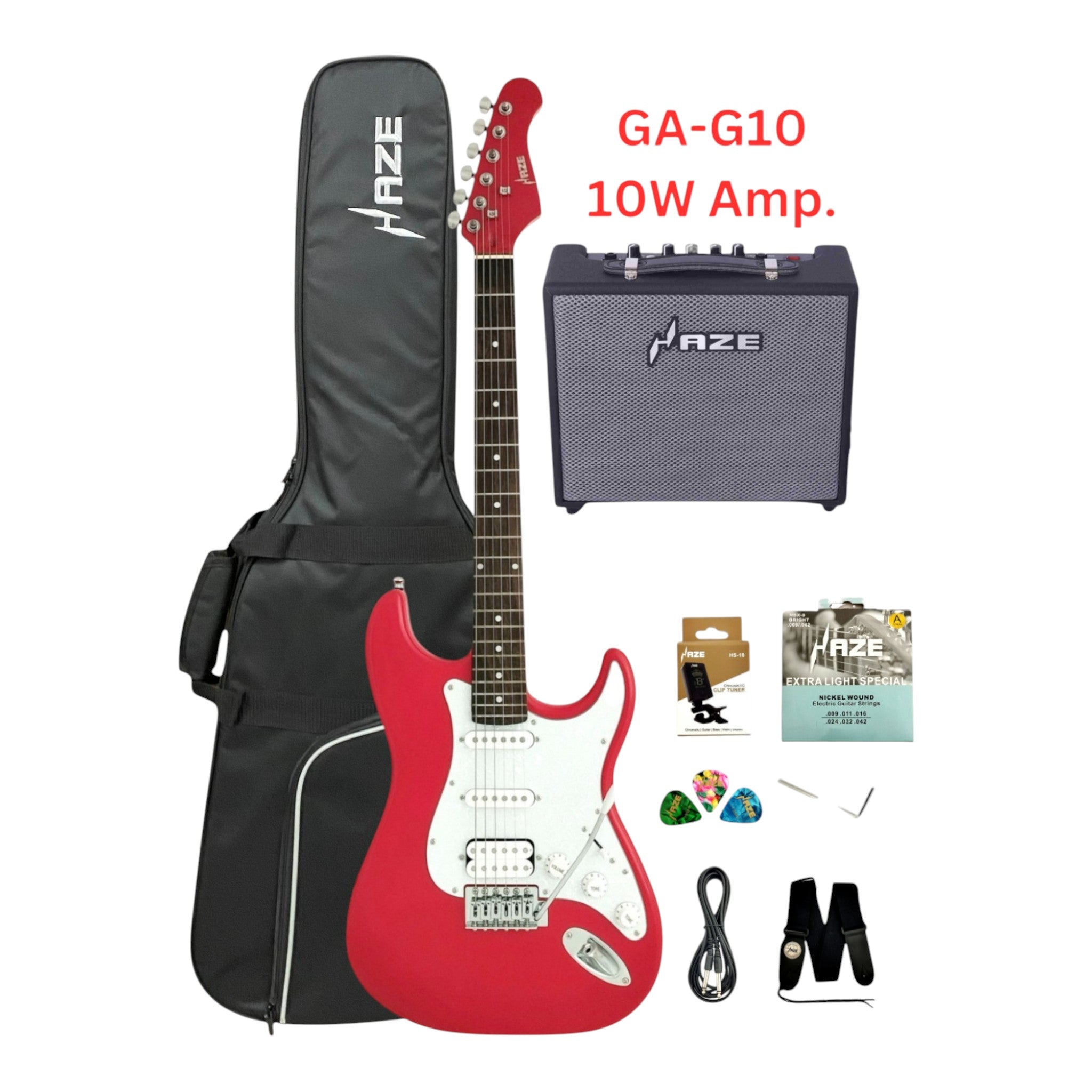 Haze E211 Fiesta Red HST Electric Guitar with Accessories + 10W Amp. (Optional)