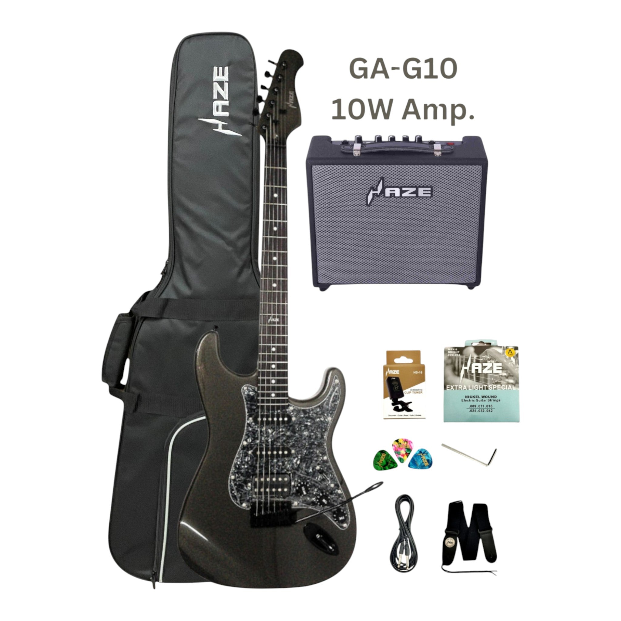 Haze E211 Gunmetal Grey HST Electric Guitar with Accessories + 10W Amp. (Optional)