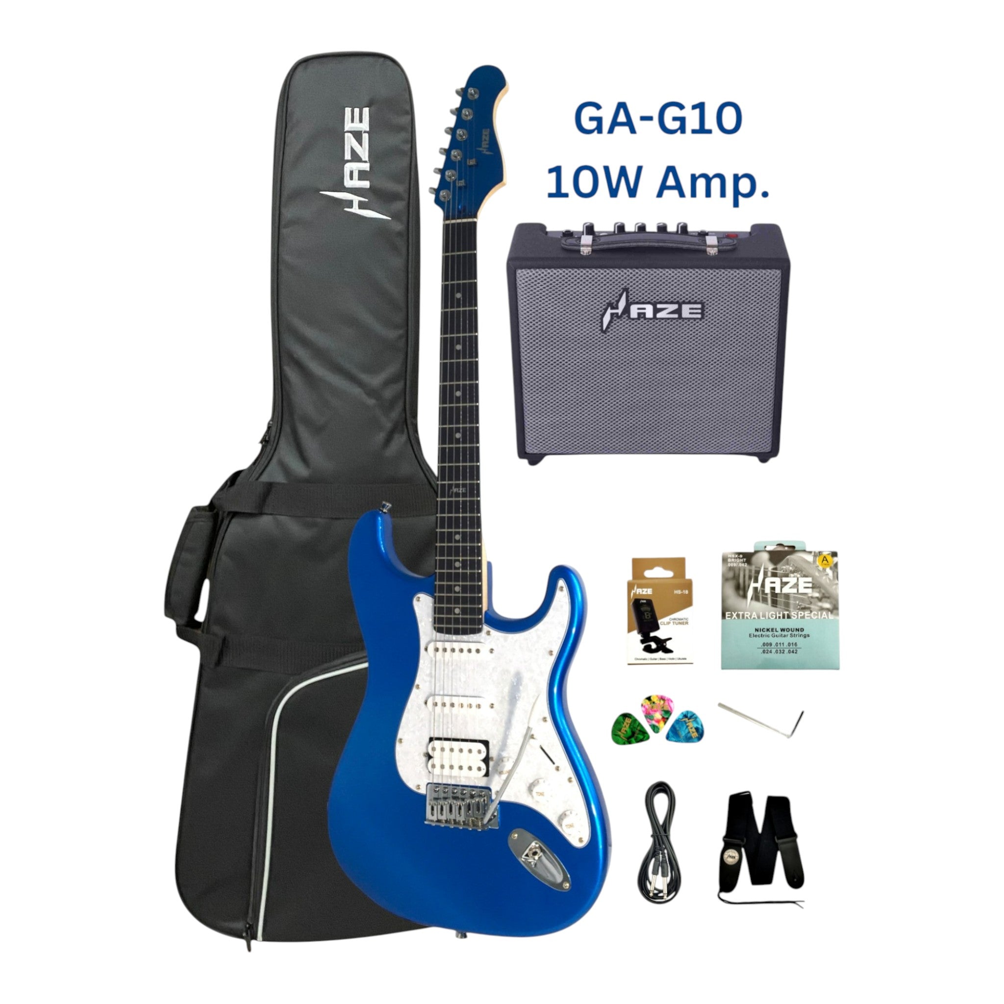 Haze E211 Classic Blue HST Electric Guitar with Accessories + 10W Amp. (Optional)