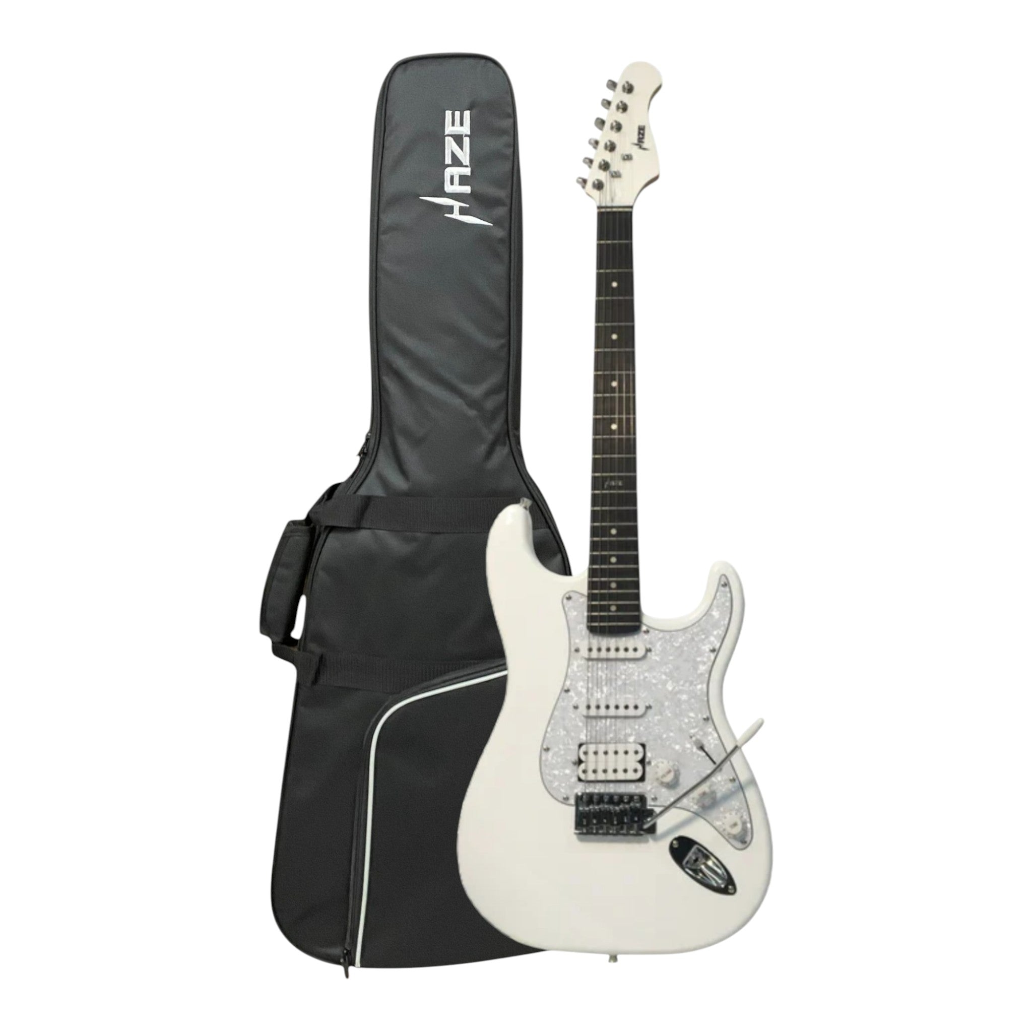 Haze E211 Arctic White HST Electric Guitar with Accessories + 10W Amp. (Optional)