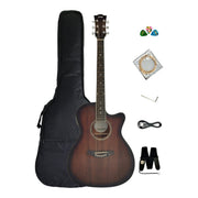 Haze F561TBCEQ Mahogany Top Built-In Pickup/Tuner OM Cutaway Acoustic Guitar - Natural with Accessories and 10W Amp. (Optional)