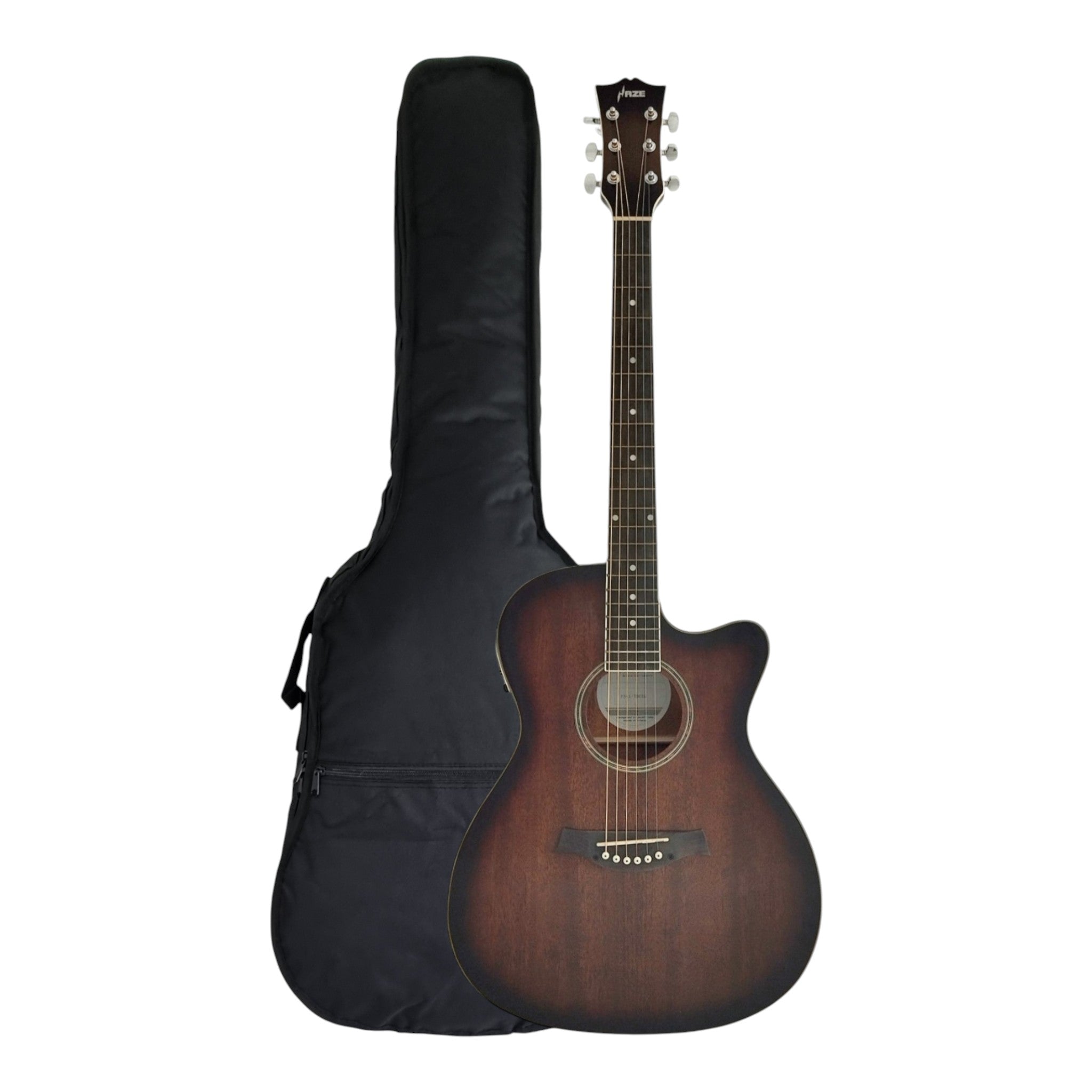 Haze F561TBCEQ Mahogany Top Built-In Pickup/Tuner OM Cutaway Acoustic Guitar - Natural with Accessories and 10W Amp. (Optional)
