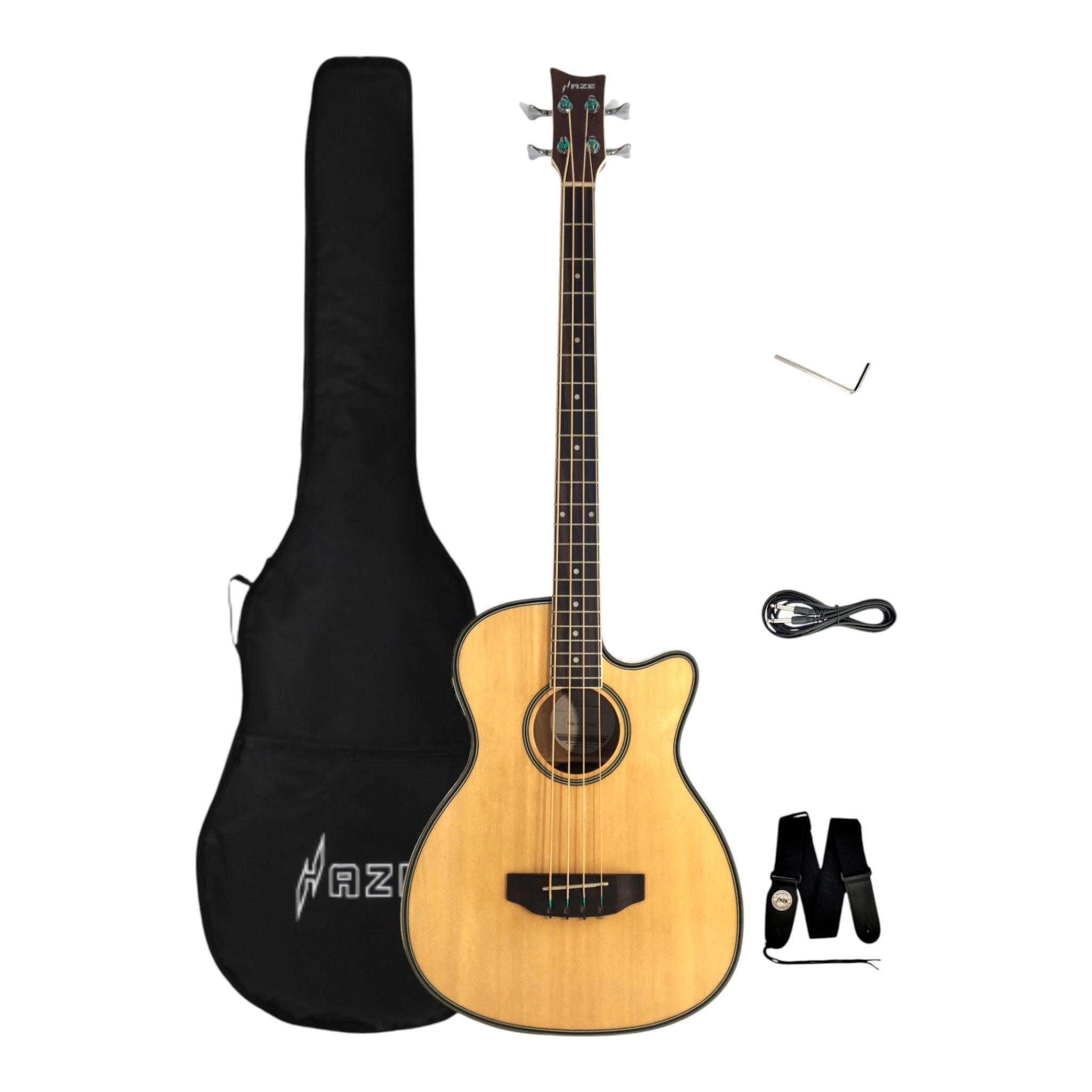 Haze FB711BCEQN44 4-String Electric-Acoustic Bass Guitar, Natural + Free Gig Bag, picks and strap