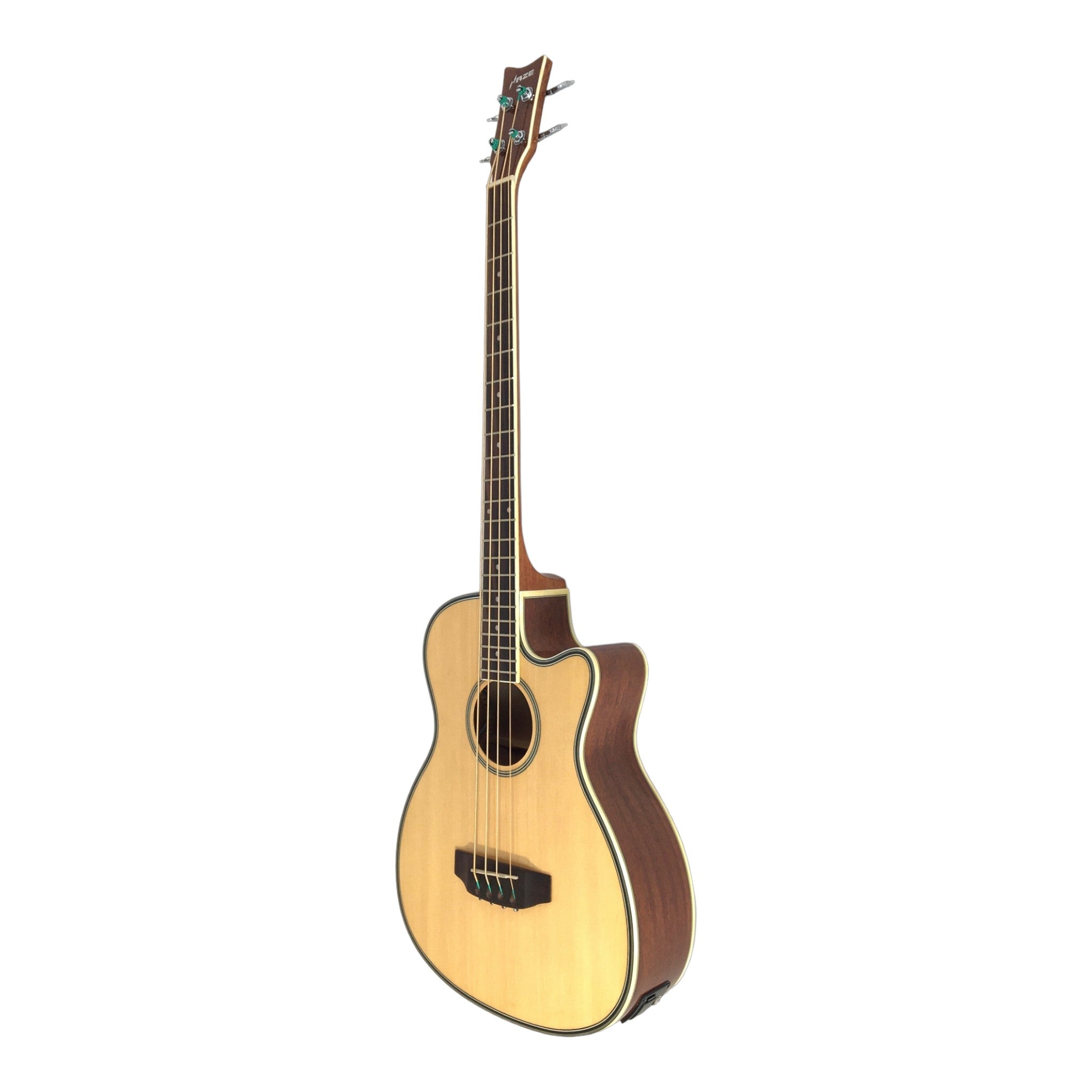 Haze FB711BCEQN44 4-String Electric-Acoustic Bass Guitar, Natural + Free Gig Bag, picks and strap