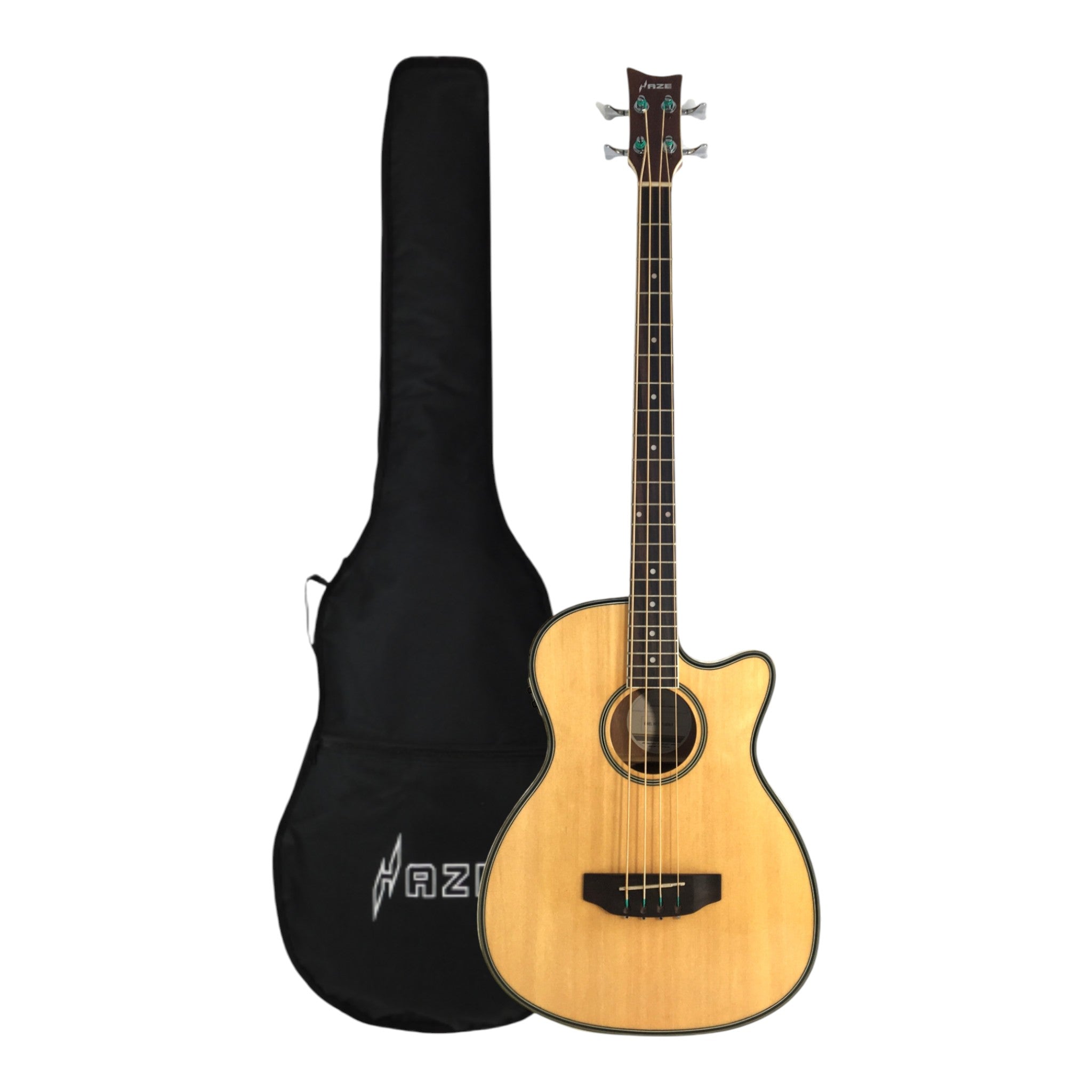 Haze FB711BCEQN44 4-String Electric-Acoustic Bass Guitar, Natural + Free Gig Bag, picks and strap