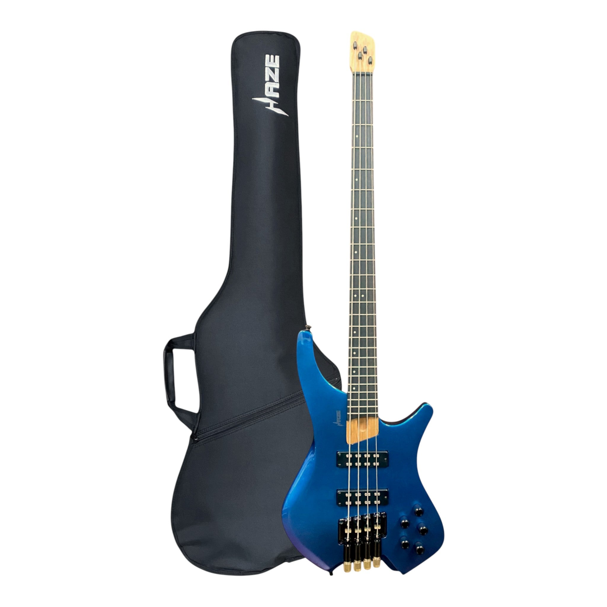 Haze HB4BLP Aurora Series Headless Electric Bass – 24-Fret Roasted Maple Neck, Blue-Purple Chameleon Finish, & Active BJ-80 Pickups