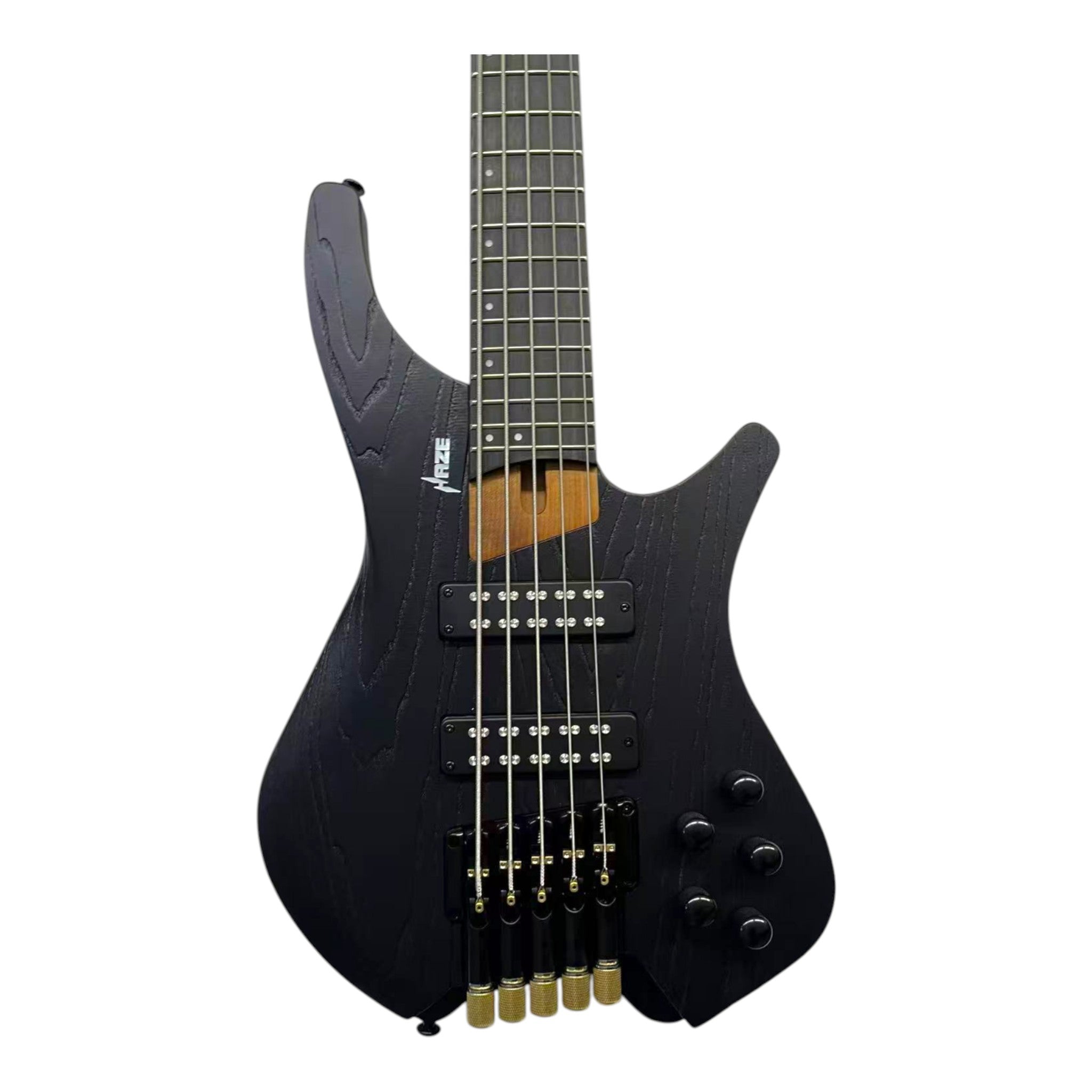 Haze HB5 “Ashbound” Headless 5-String Electric Bass – Active BJ-80 Pickups – Woodgrain Black – HB5BK