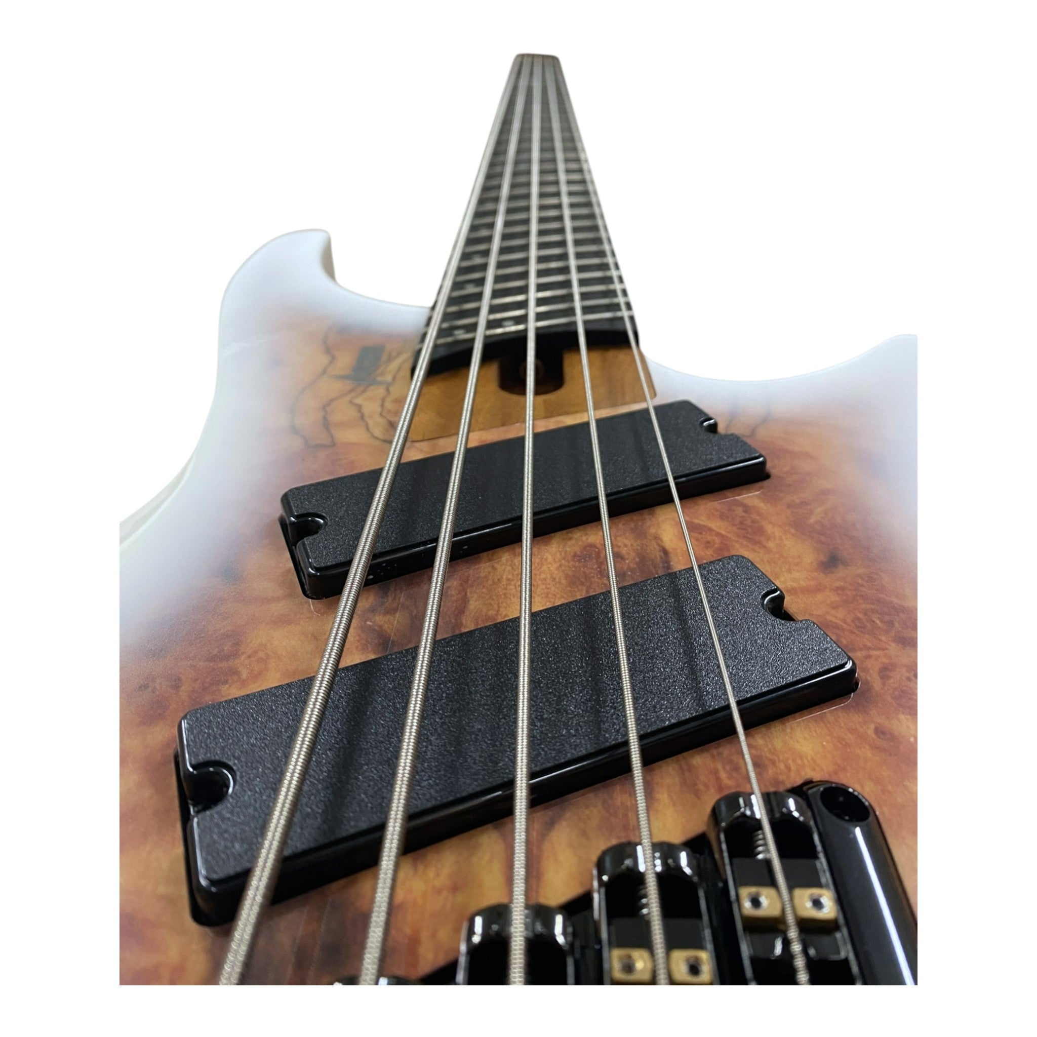 Haze HB5FFMS Voyager Series Headless Fanned Fret 5-String Electric Bass – Roasted Maple Neck, White Sunburst Finish, & Active BJ-80 Pickups