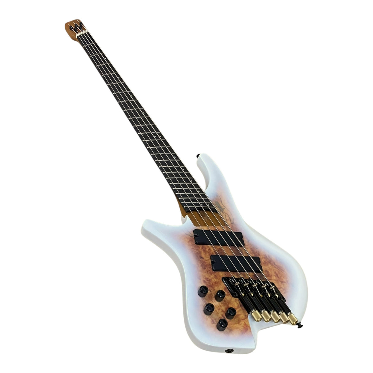 Pre-Order – ETA Late October 2026 | Haze HB5FFMSLH Voyager Series Left-Handed Headless Fanned-Fret 5-String Electric Bass – Roasted Maple Neck, White Sunburst, Active BJ-80 Pickups