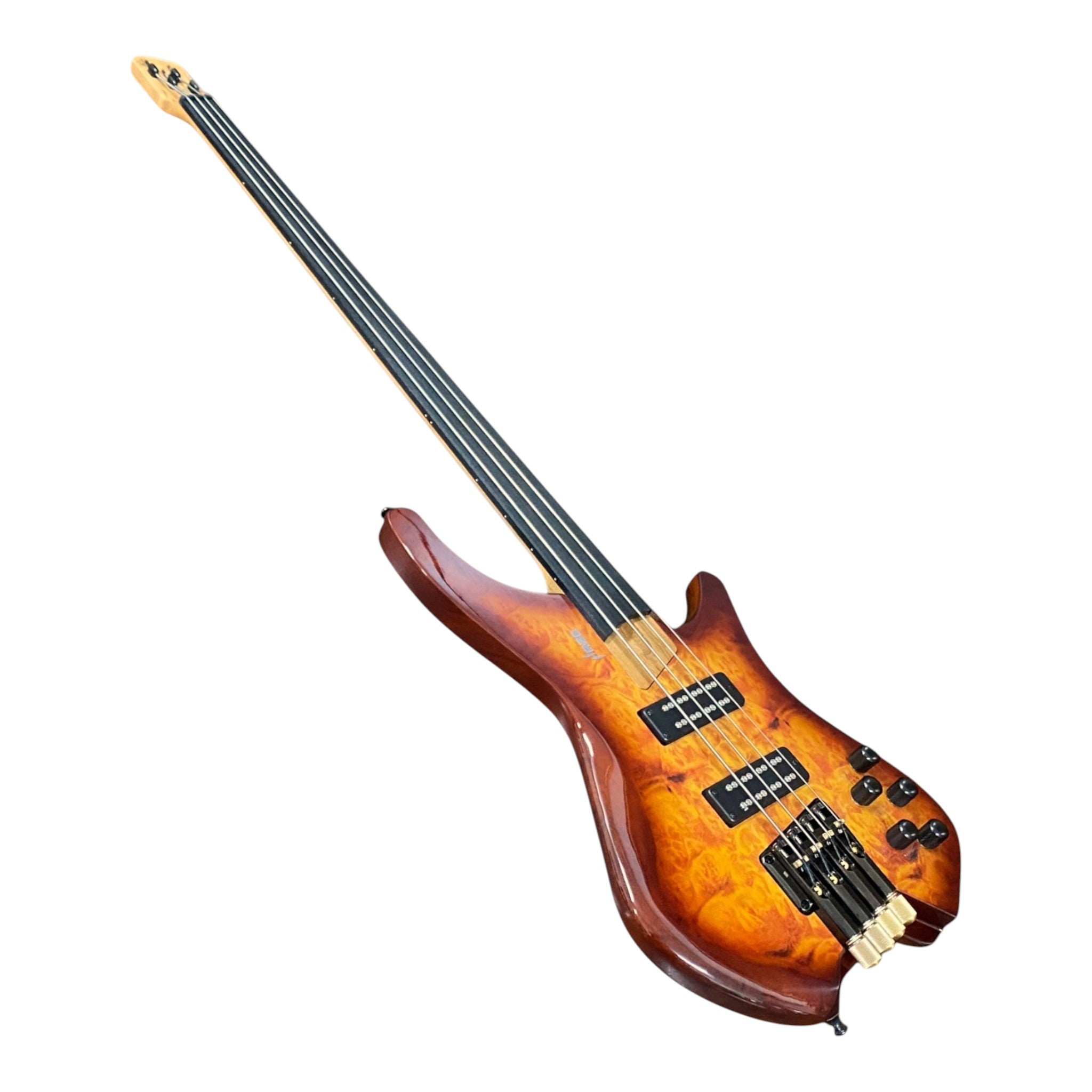 Haze HHLB4 Voyager Series Headless Fretless Electric Bass – Roasted Maple Neck, Brown Sunburst Finish, & Active BJ-80 Pickups