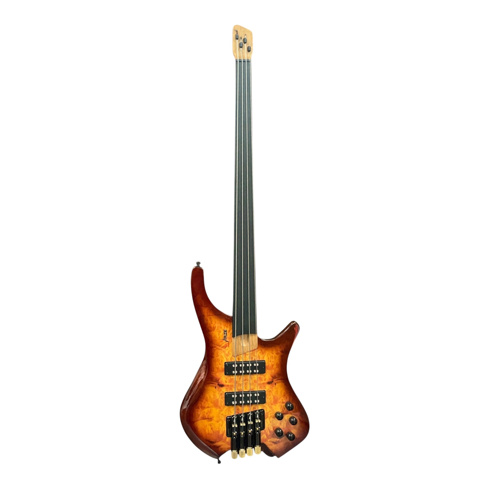 Haze HHLB4 Voyager Series Headless Fretless Electric Bass – Roasted Maple Neck, Brown Sunburst Finish, & Active BJ-80 Pickups