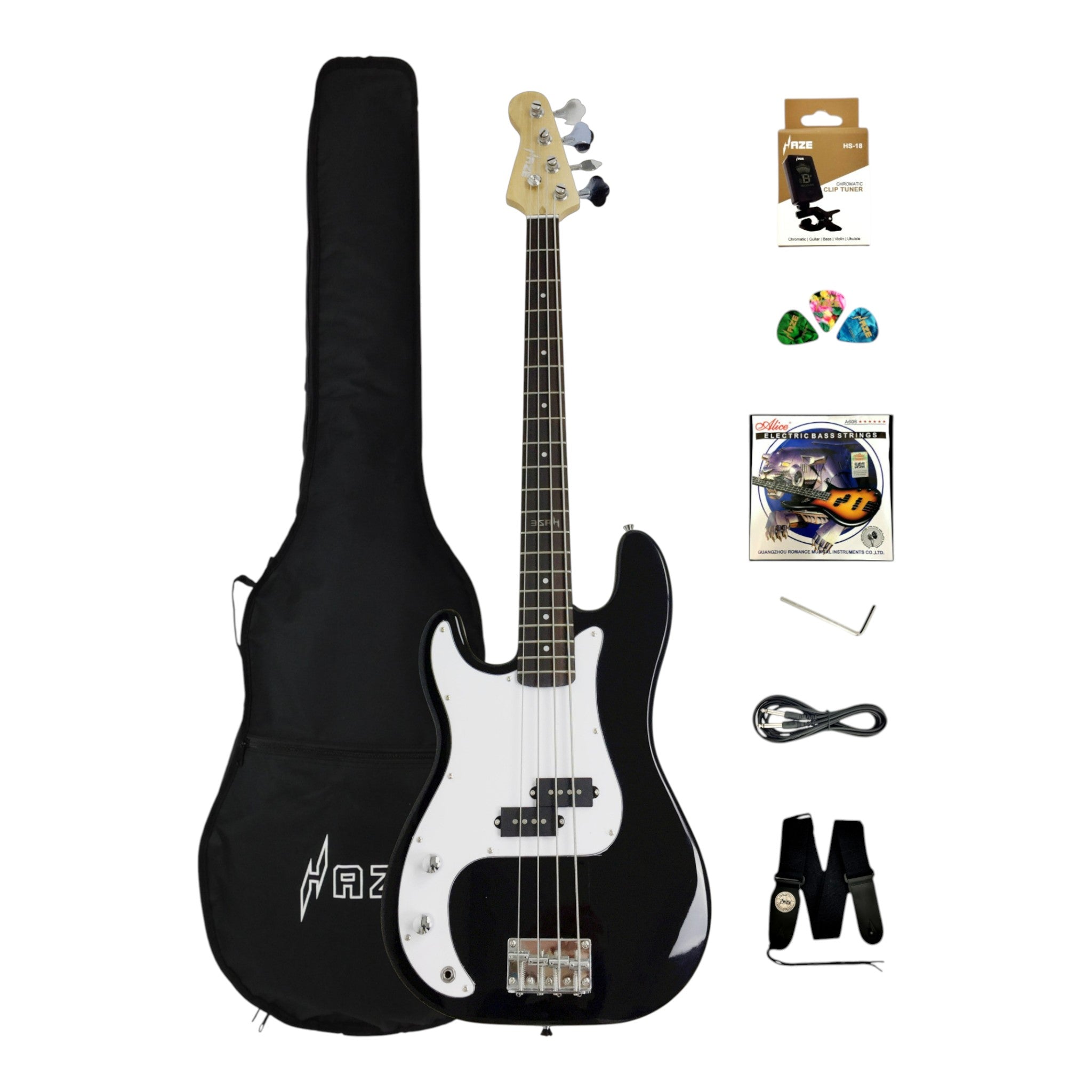 Left-Handed Haze HSPB1901BKBHL 4-String Electric Bass Guitar + Free Bag, Tuner, 3 Picks
