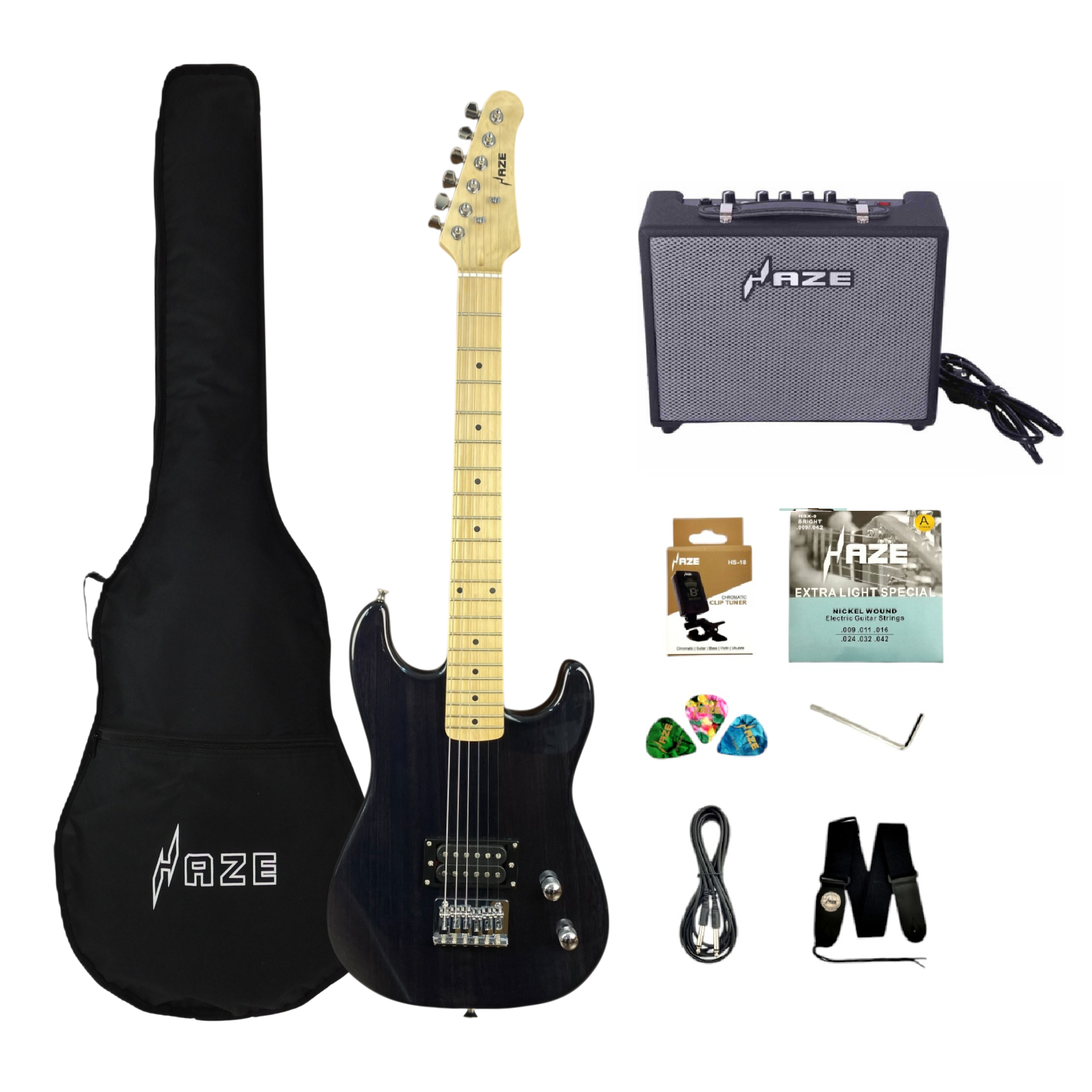 Haze HST01 "Asteroid" Black 3/4 Size Student Electric Guitar + 10w Amp