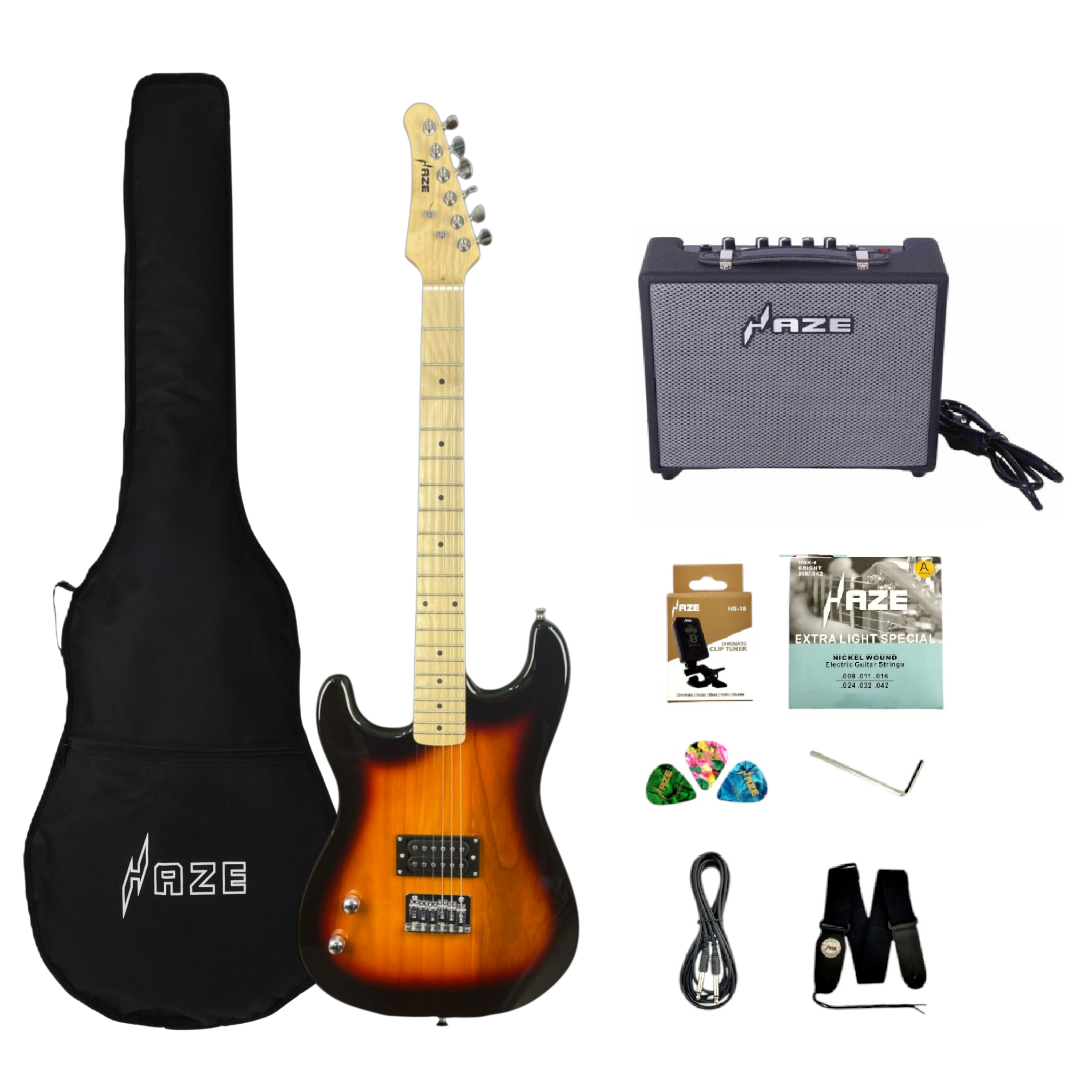Haze HST01 "Inferno" Sunburst Left-Handed 3/4 Size Student Electric Guitar w/ Accessories & 10w Amp (Optional)