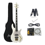 Haze Active Single-Coil Solid Mahogany Hybrid Electric Bass Guitar - White HYBRID4PWH