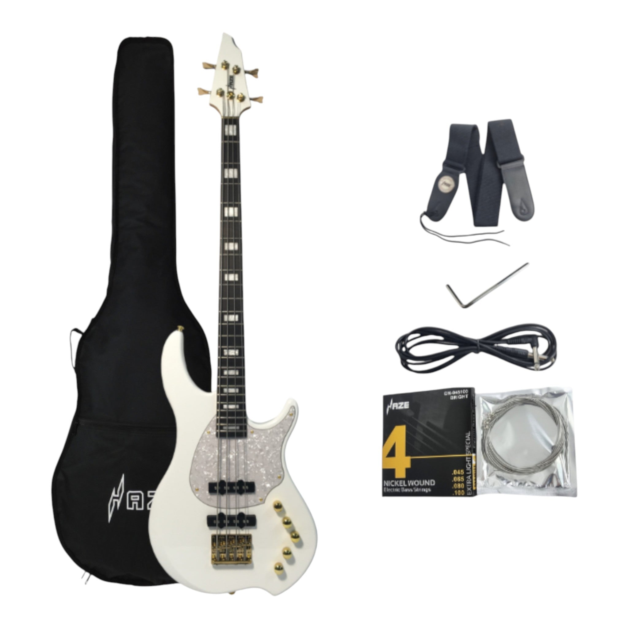Haze Active Single-Coil Solid Mahogany Hybrid Electric Bass Guitar - White HYBRID4PWH