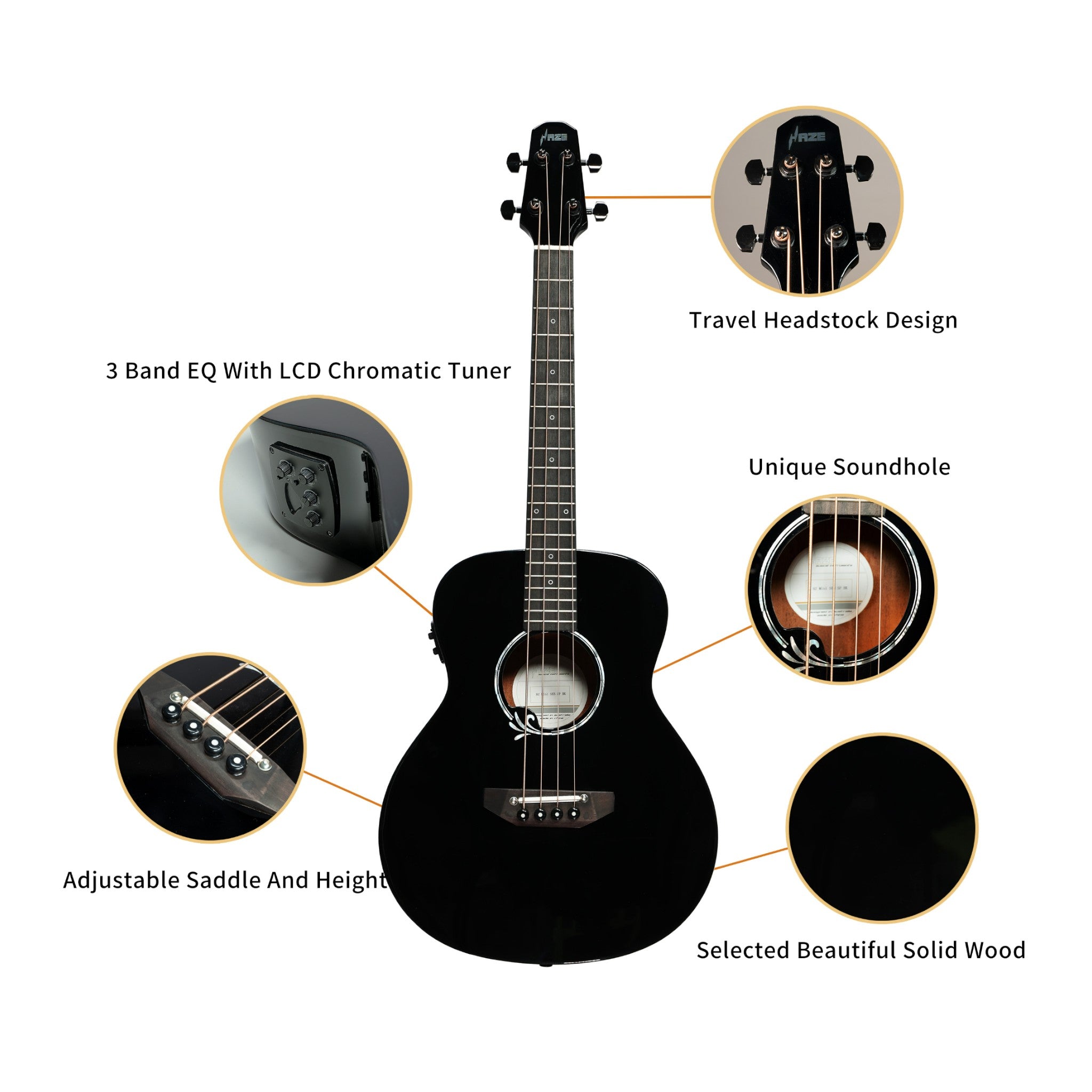 Haze 37" Solid Sitka Top Height Adjustable Saddle Acoustic Bass Guitar - Black HZMINISEBSPBK