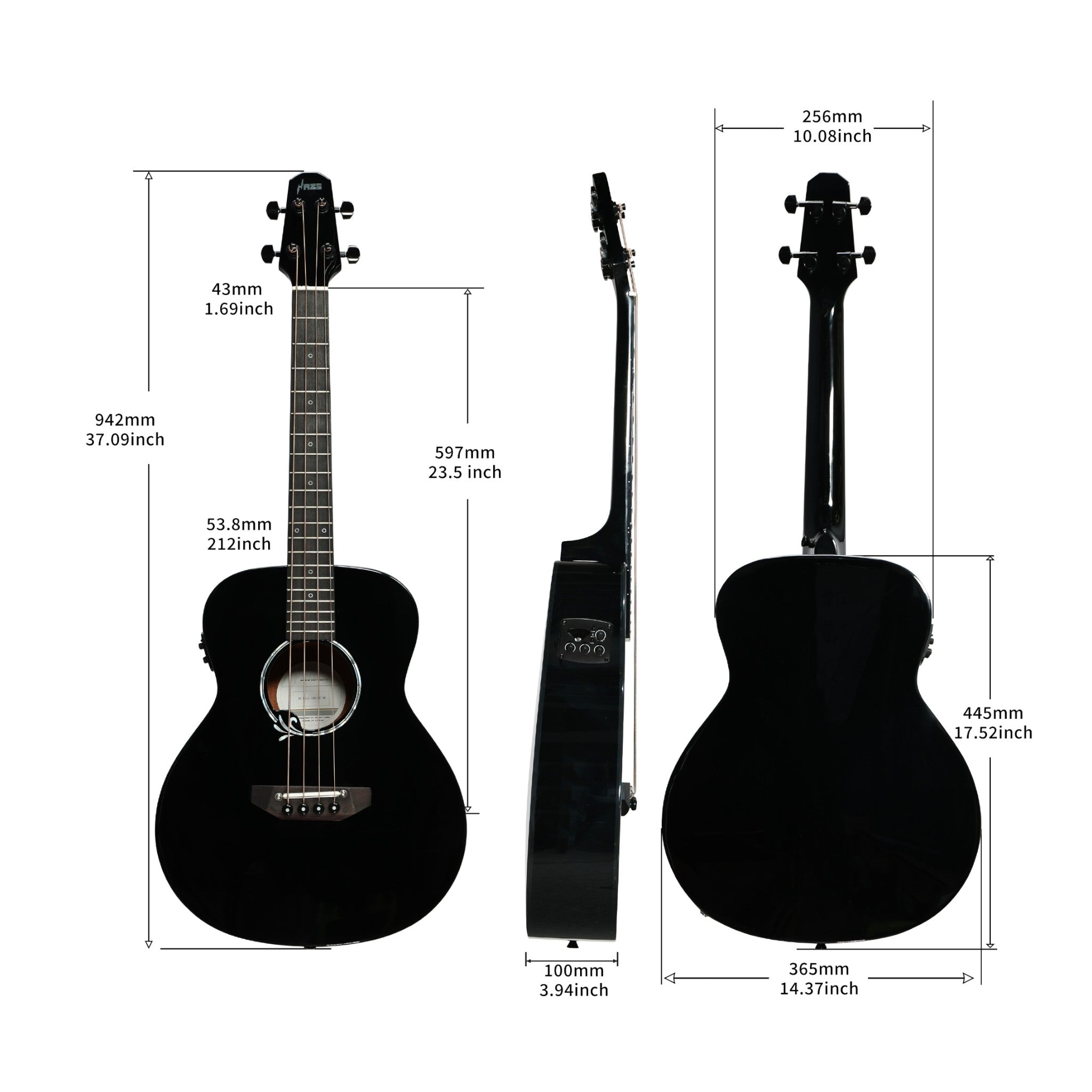 Haze 37" Solid Sitka Top Height Adjustable Saddle Acoustic Bass Guitar - Black HZMINISEBSPBK