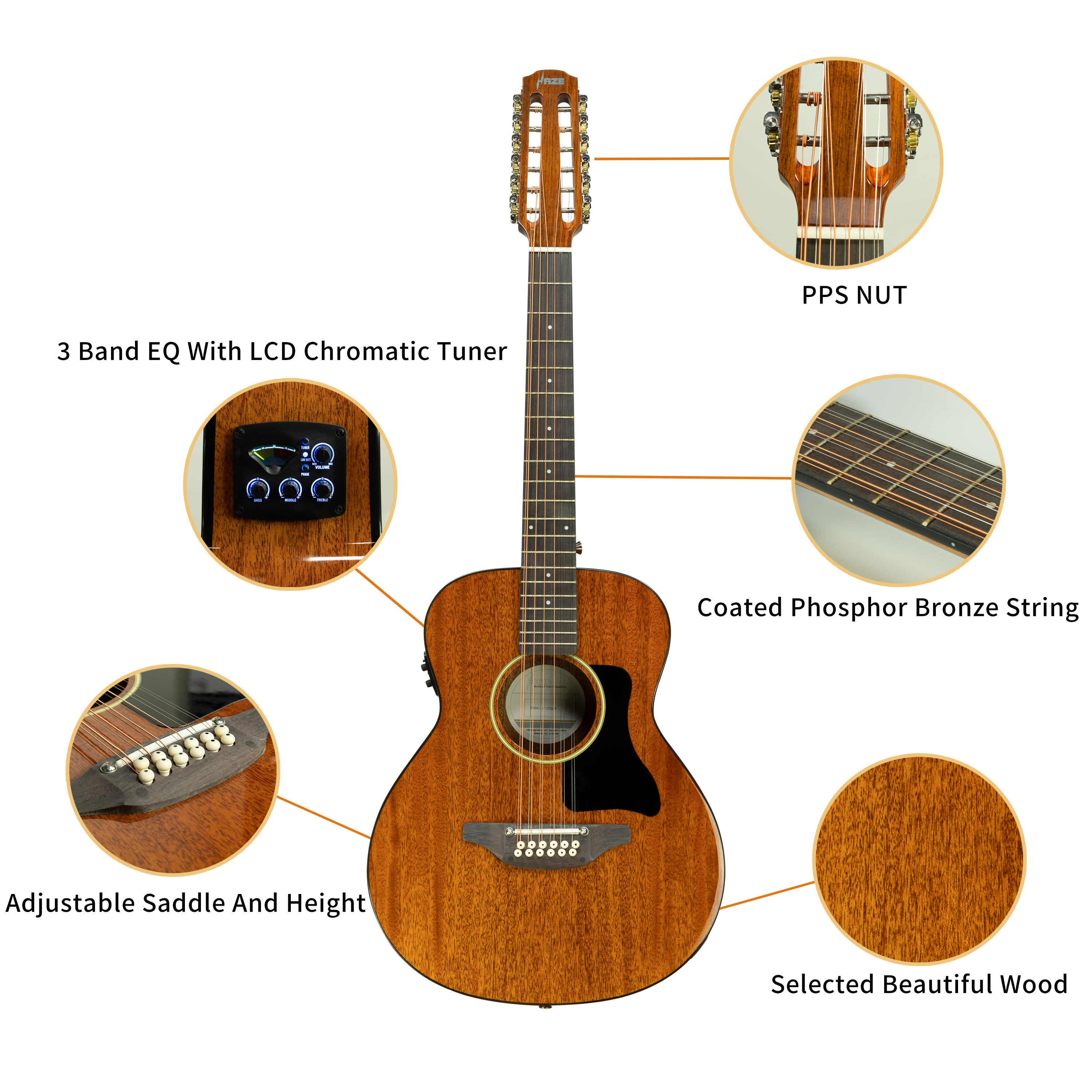 Haze P30411112EQN 12-String 36" Saddle Height Adjustable Acoustic Guitar - Natural