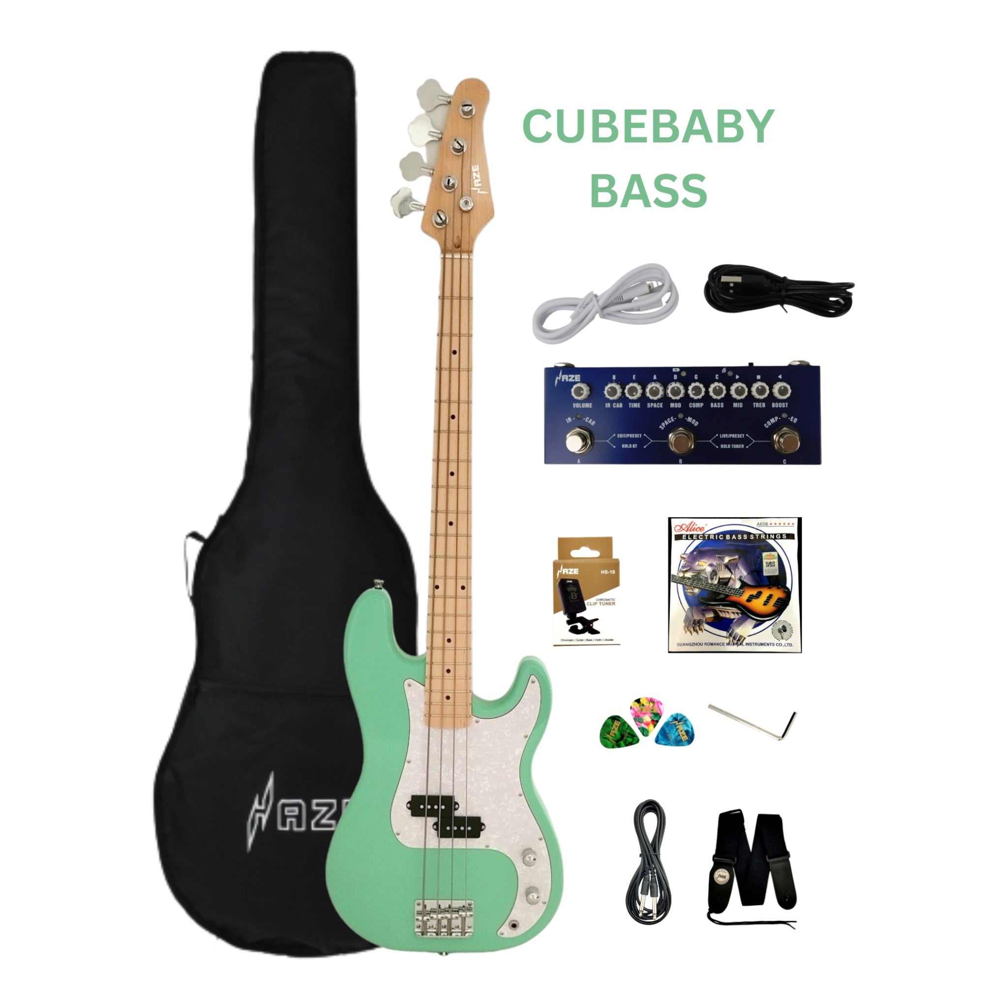 Haze Basswood Seafoam Green Electric Bass Guitar - Surf Green PB172GN  with Accessories and Haze CUBEBABY Portable Multifunctional Bass (Optional)