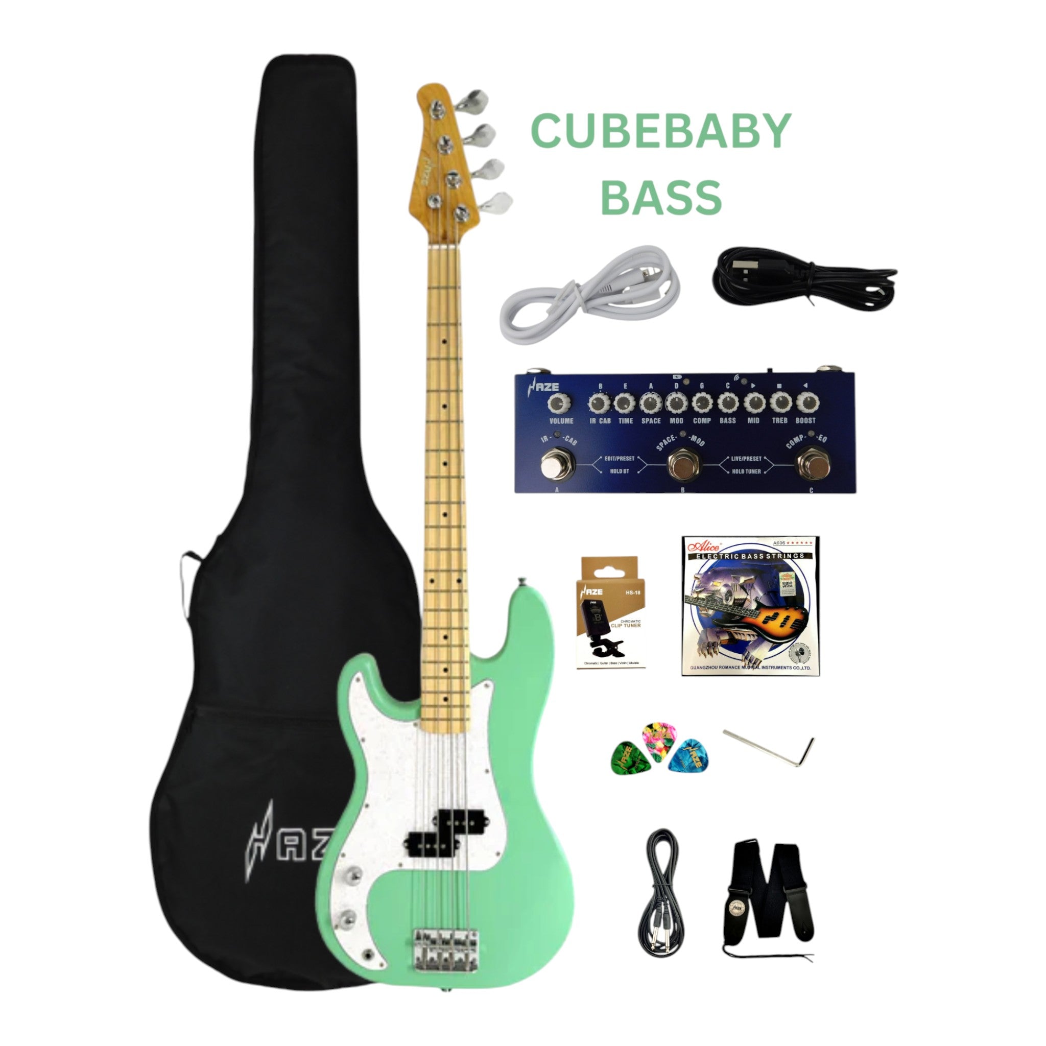 Haze Left Handed Basswood Seafoam Green Electric Bass Guitar - Surf Green PB172SGNLH with Accessories and Haze CUBEBABY Portable Multifunctional Bass (Optional)