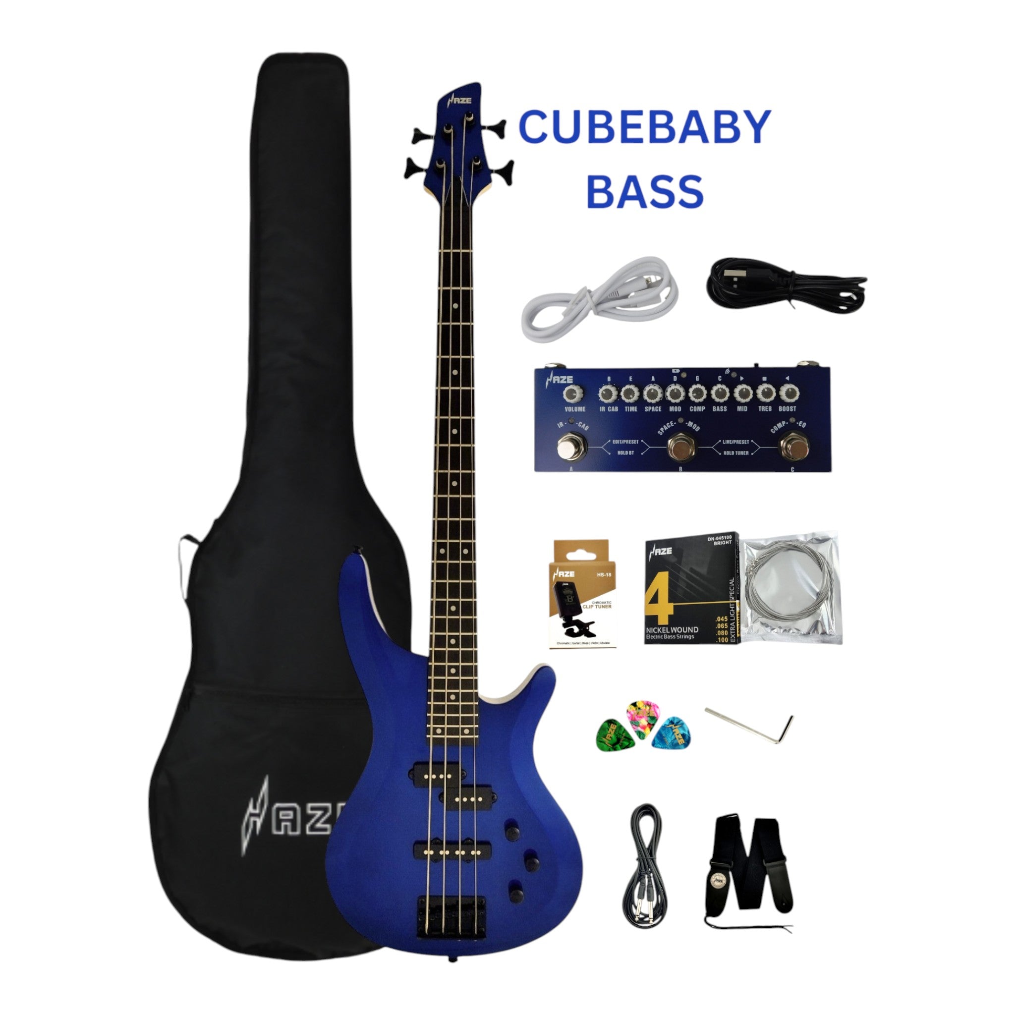 Haze SBG385JB Electric Bass Guitar, 4-String, Navy Metallic Blue with Accessories and Haze CUBEBABY Multi Effects Pedals(Optional)