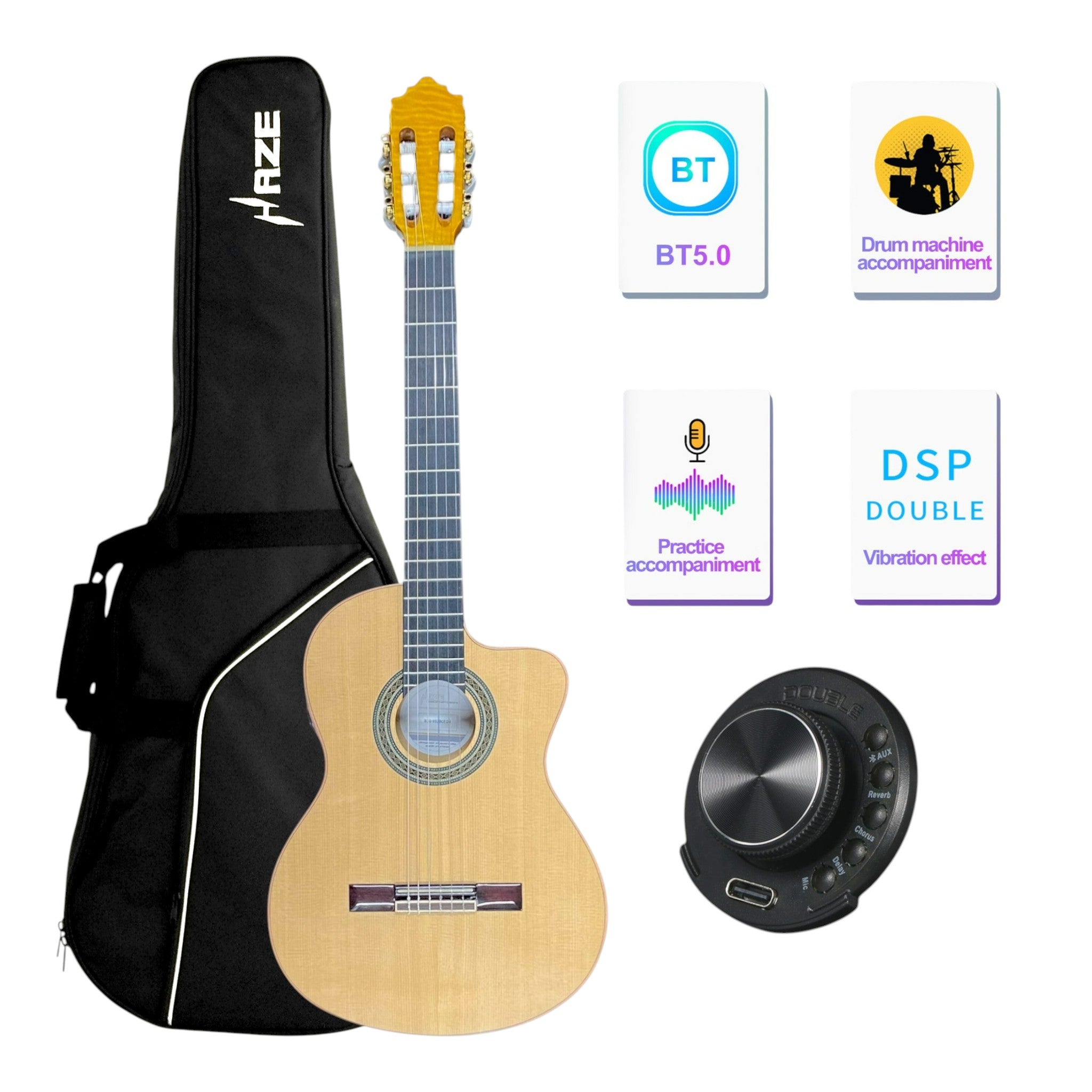 Haze 'LiveTone' Solid Spruce Top Flamed Maple Bowled Back Cutaway Classical Guitar w/ Double OS1 Vibration Pickups - SCG953BCEQN