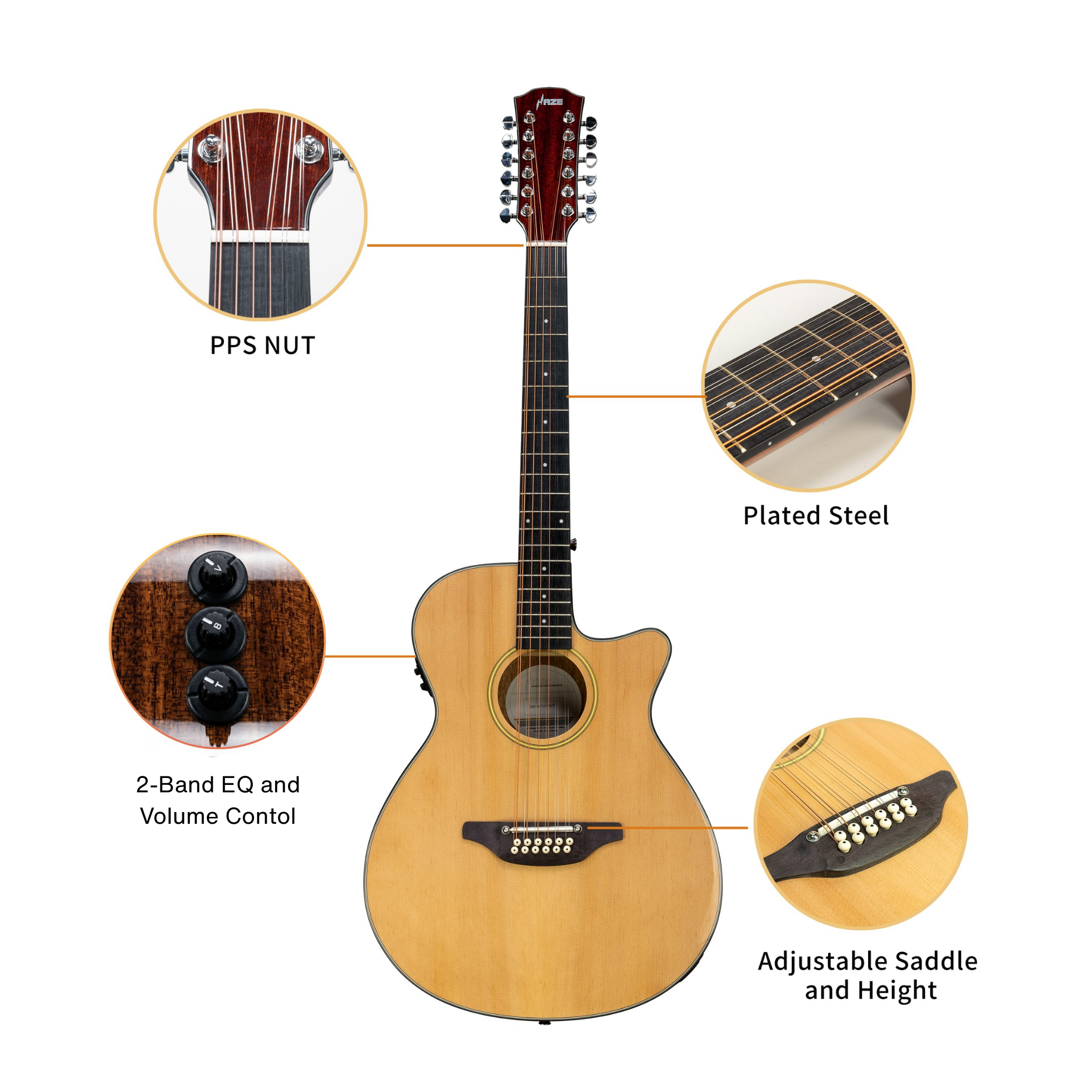 Haze SDG82712CEQSNVBT 12-String Solid Spruce Acoustic-Electric Guitar with Height Adjustable Saddle - Natural