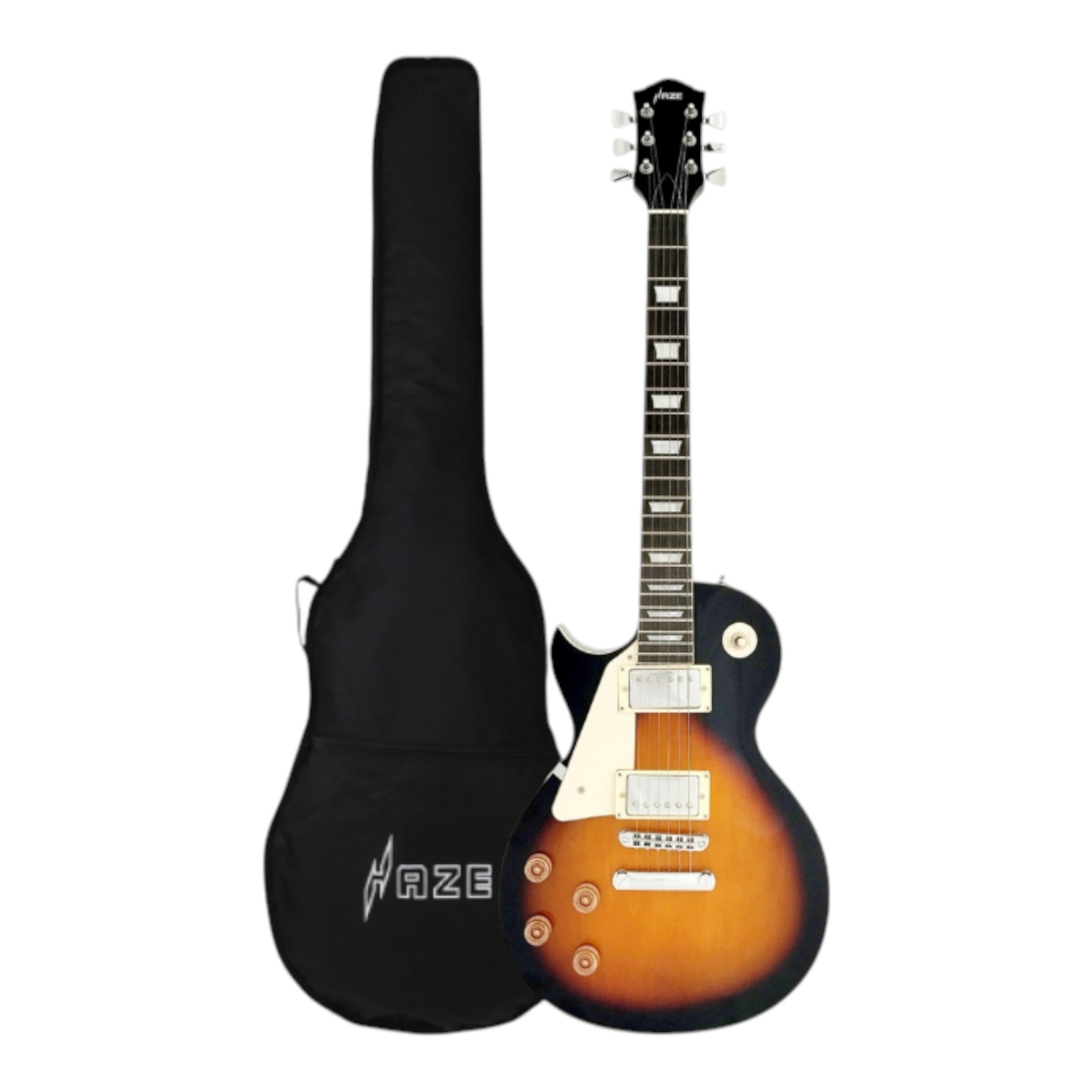 Haze SEG277 Vintageburst Left-Handed Electric Guitar with Humbuckers and Flame Maple Top + 10W Amp. (Optional)