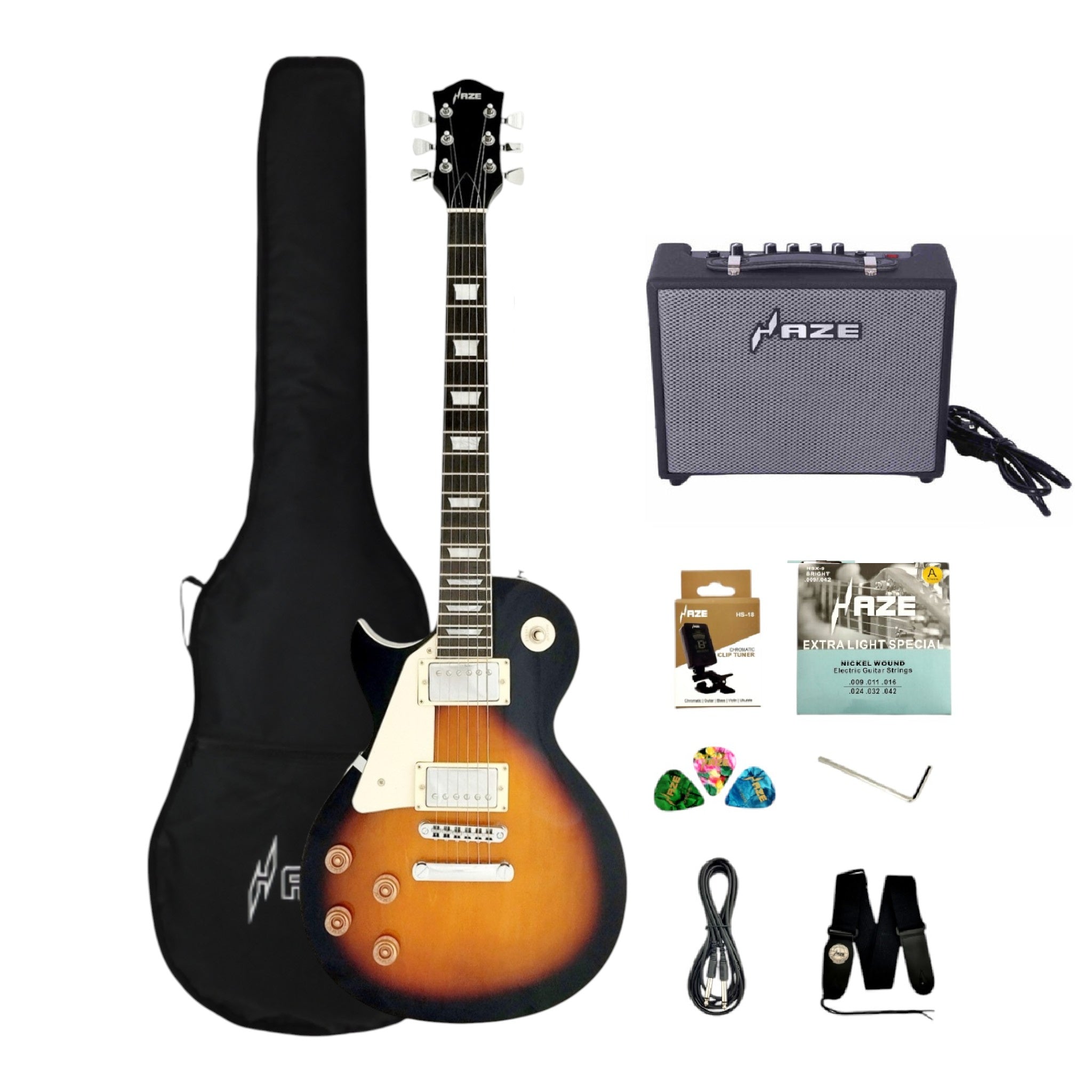 Haze SEG277 Vintageburst Left-Handed Electric Guitar with Humbuckers and Flame Maple Top + 10W Amp. (Optional)
