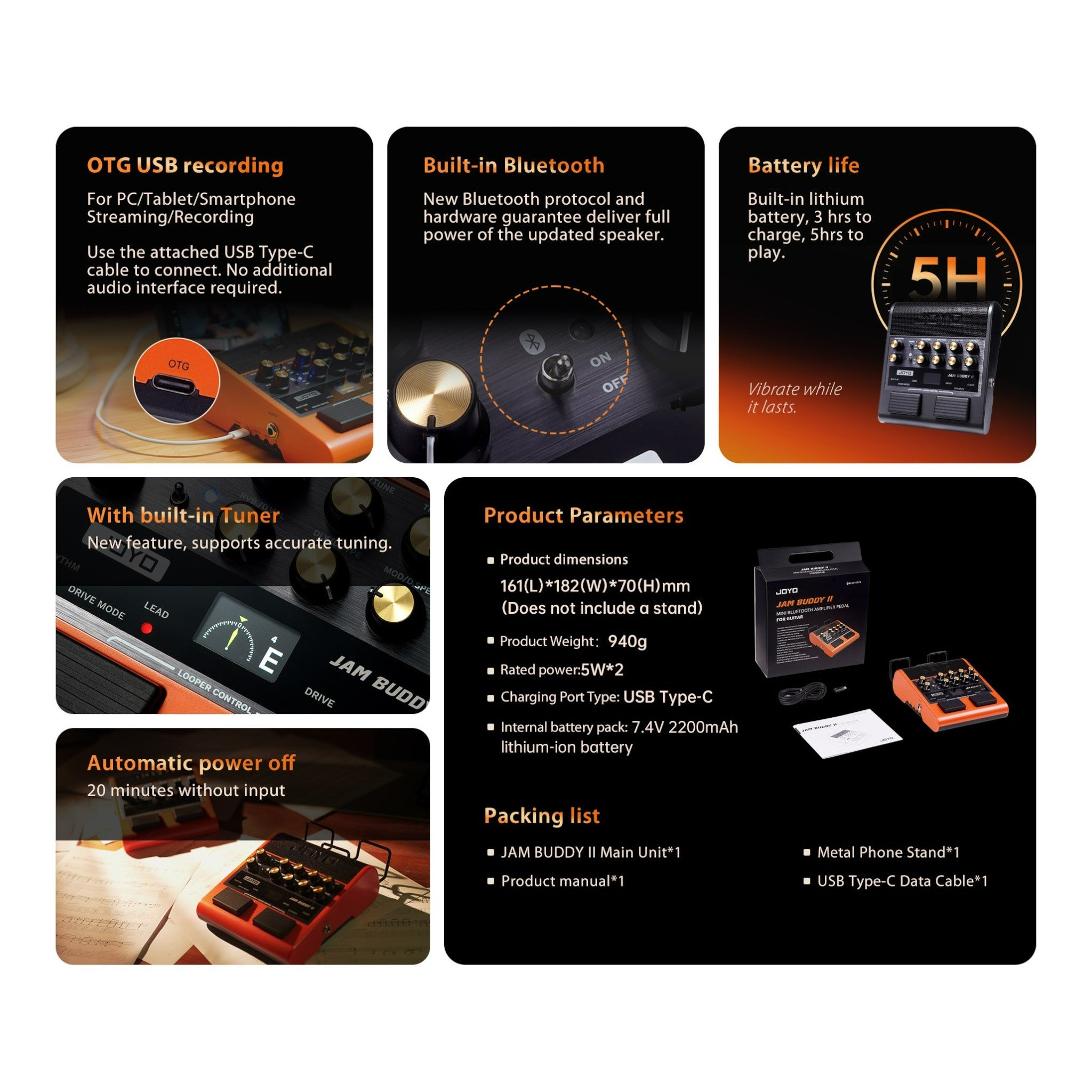 Joyo Jam Buddy II Portable Multi-Effect Modelling Guitar Amplifier with Bluetooth & Looper