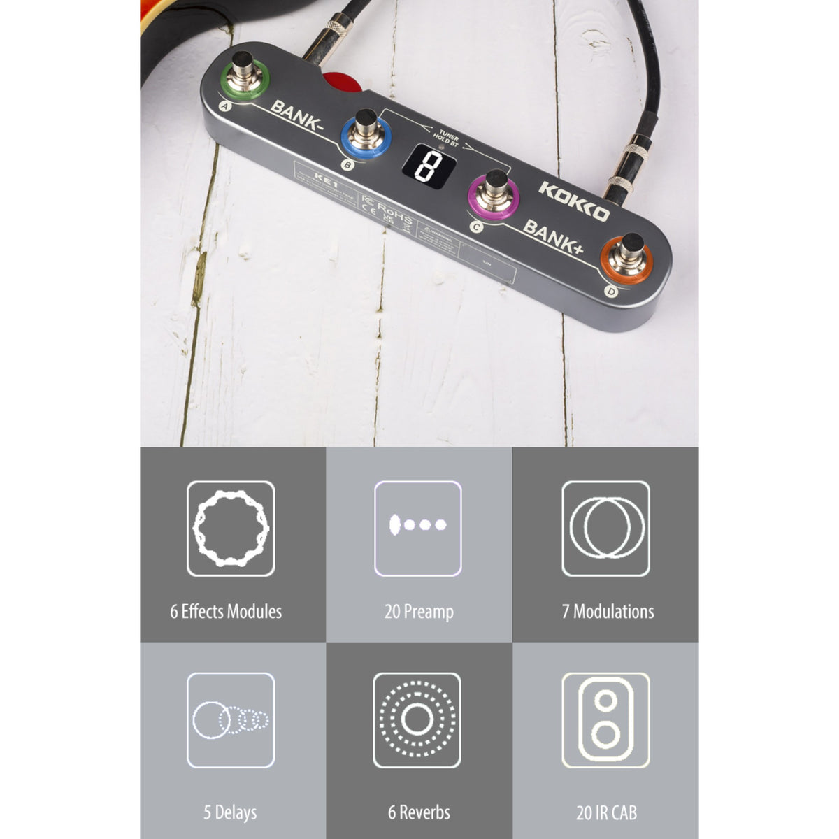 (PREORDER: MID OCT 2026) Kokko KE1 Multi-Functional Portable Guitar Effects Processor Pedal w/ Amp and IR Cab Simulations & USB Audio Interface