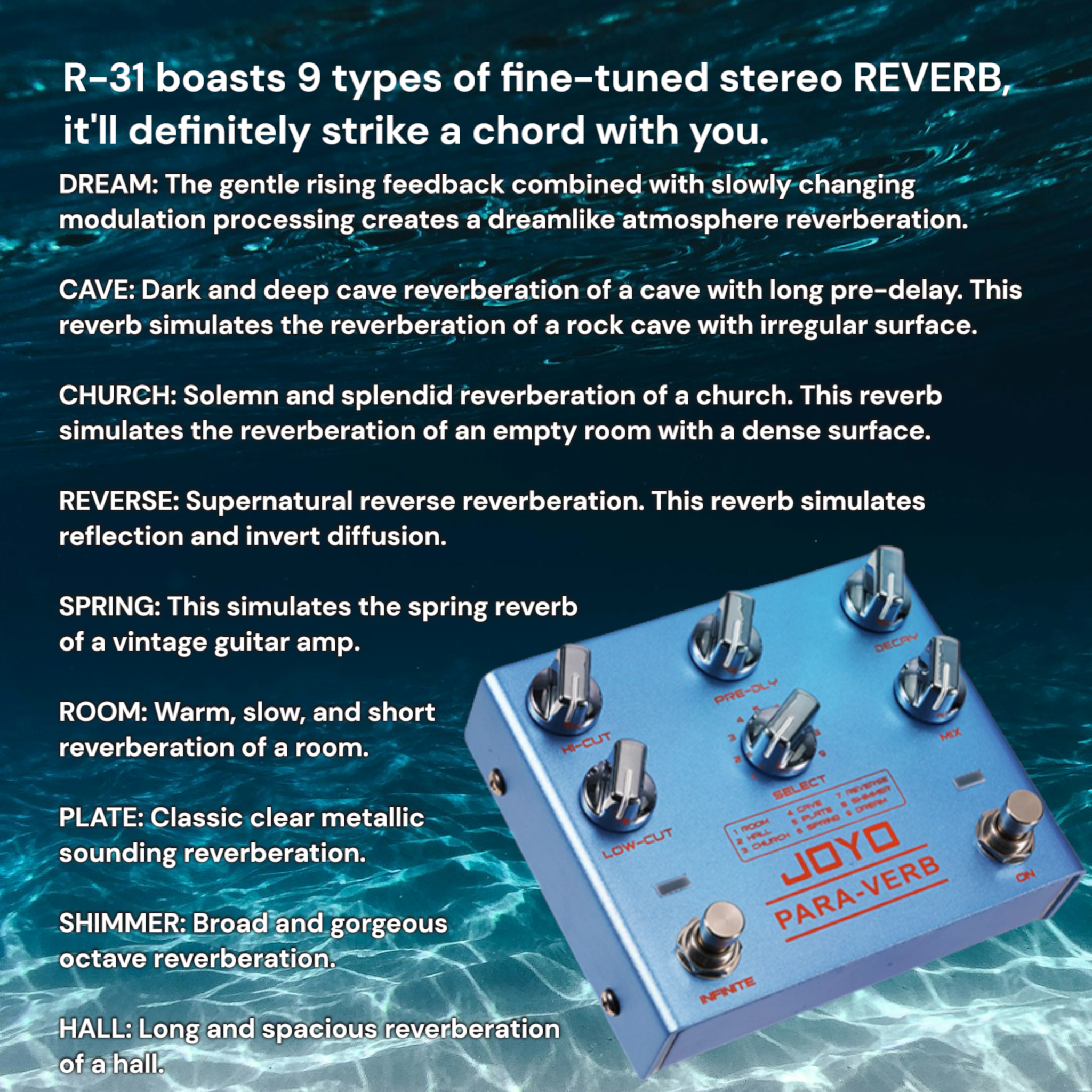 Joyo R31 PARA-VERB Multifunctional Stereo Reverb Guitar Effects Pedal w/ Ambient Lighting