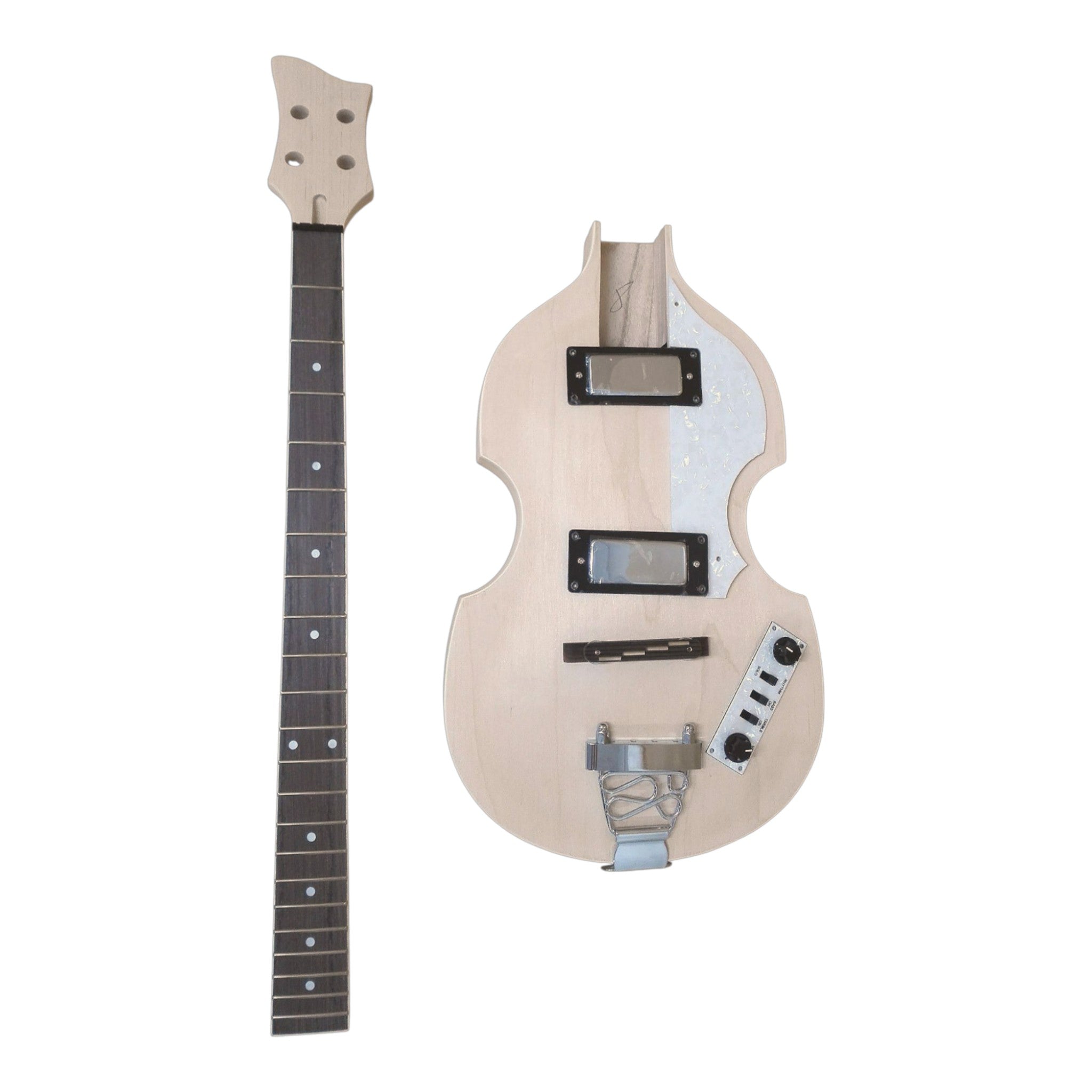 VL10DIY Hollow Basswood Body Maple Set-Neck Viola-Style Mini H-H Electric Bass Guitar DIY Kit - Complete No-Soldering w/ White Pearloid & Ebony Trims