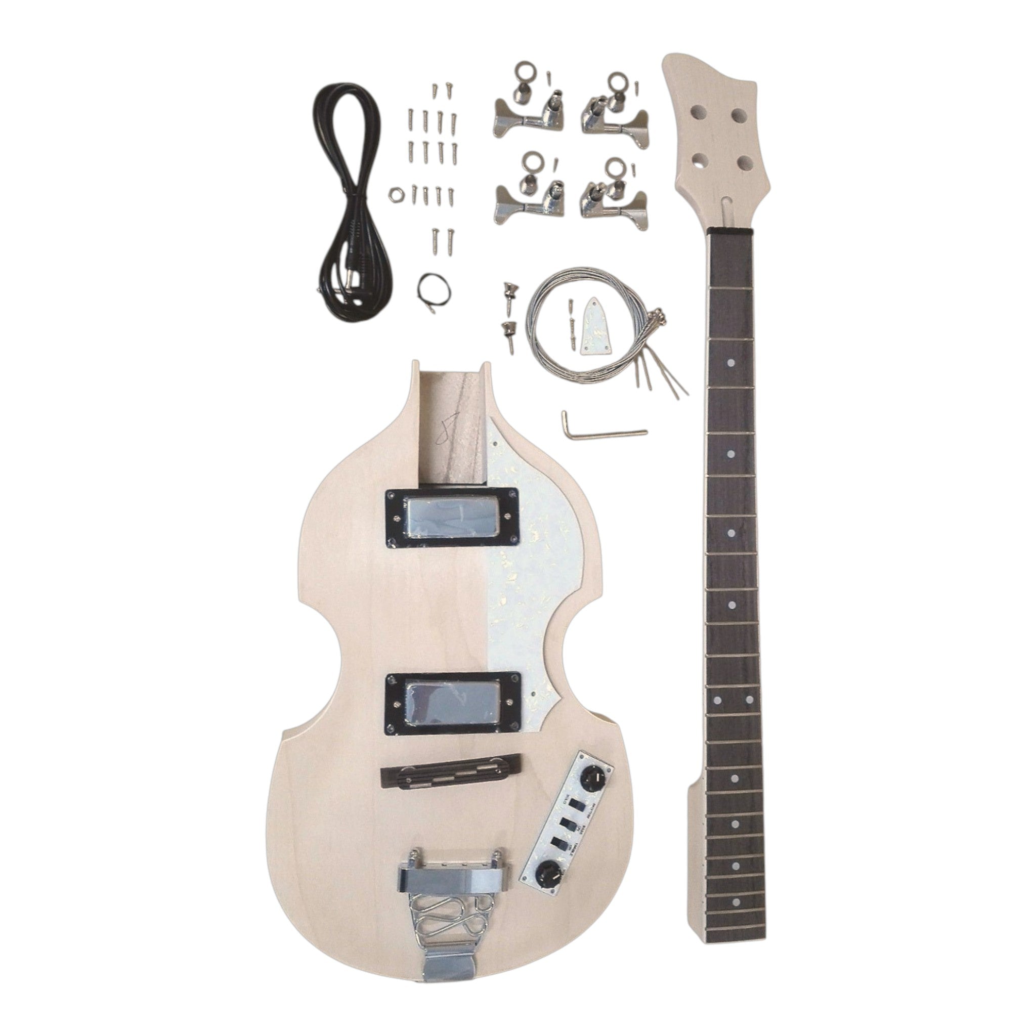VL10DIY Hollow Basswood Body Maple Set-Neck Viola-Style Mini H-H Electric Bass Guitar DIY Kit - Complete No-Soldering w/ White Pearloid & Ebony Trims