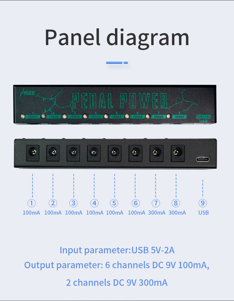 HAZE PP008 Guitar Pedal Power Supply 8 isolated 9V DC outputs with type-C