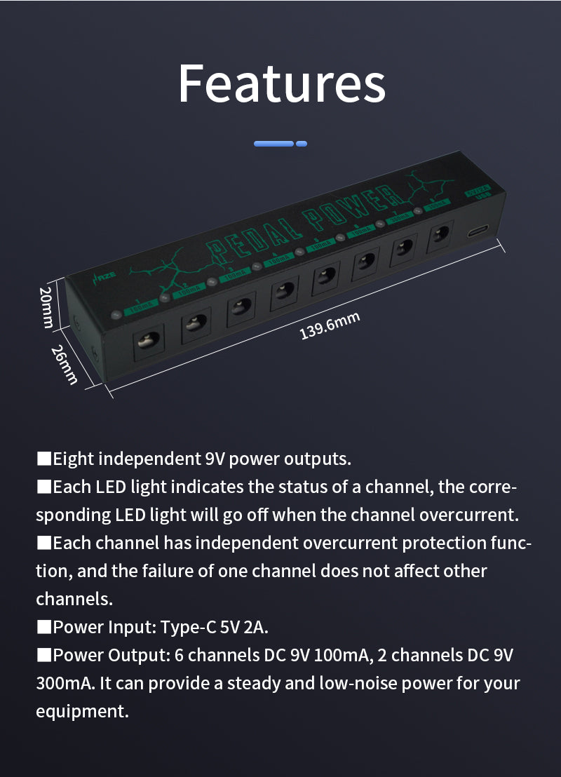 HAZE PP008 Guitar Pedal Power Supply 8 isolated 9V DC outputs with type-C