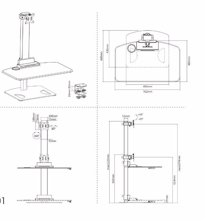 Height Adjustable Stand Desk with Single Display Mount or Clamp DWS03-T01WH