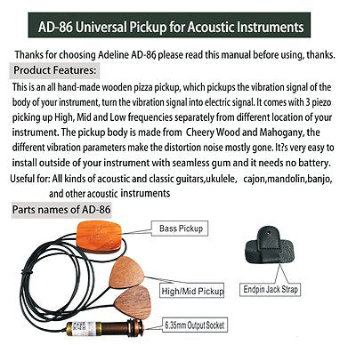 Adeline AD86 Wooden 3-Way Piezo Pickups for All Acoustic Instruments