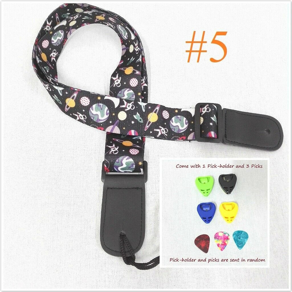 Ukulele Shoulder Strap, Multi-Pattern, Length Adjustable+3 Picks & 1 Pick-Holder, UKSTRP02