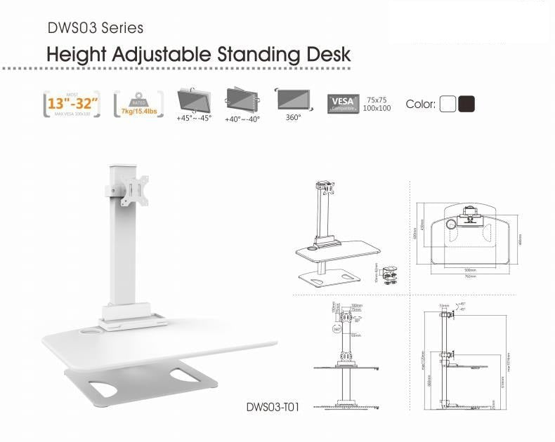 Height Adjustable Stand Desk with Single Display Mount or Clamp DWS03-T01WH