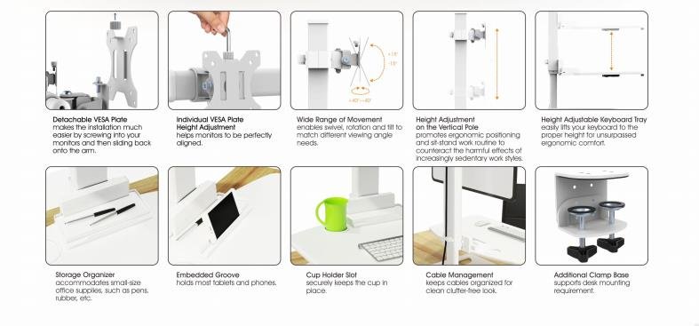Height Adjustable Stand Desk with Single Display Mount or Clamp DWS03-T01WH